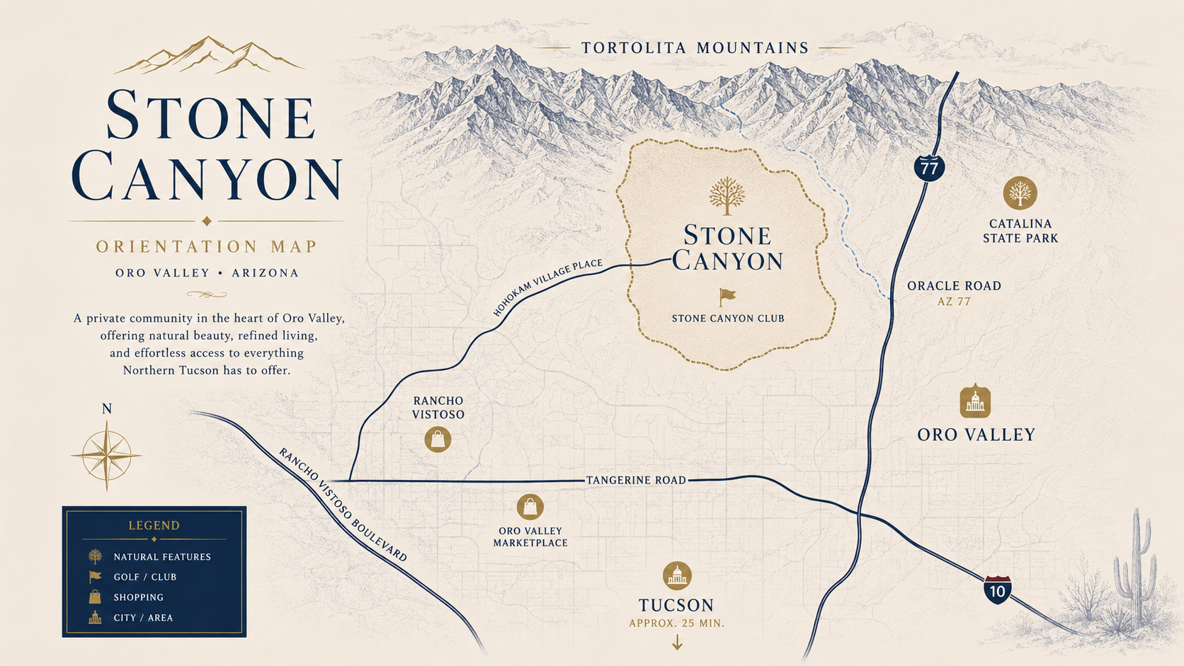 Illustrated orientation map of Stone Canyon in Oro Valley Arizona
