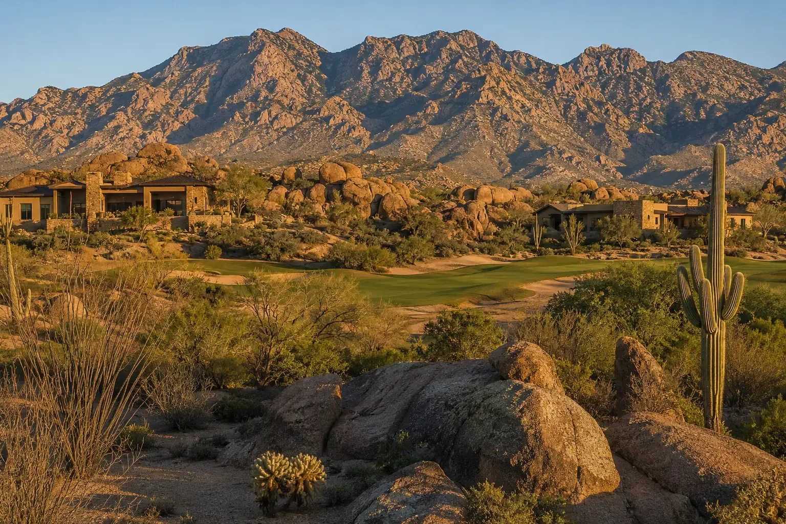 Stone Canyon luxury community with golf, custom homes, boulders, and Tortolita Mountain views