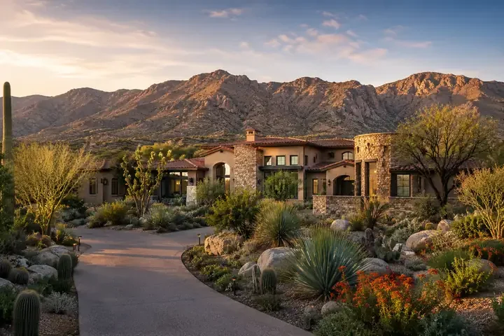 Custom Pima Canyon estate surrounded by native desert landscaping and mountain scenery