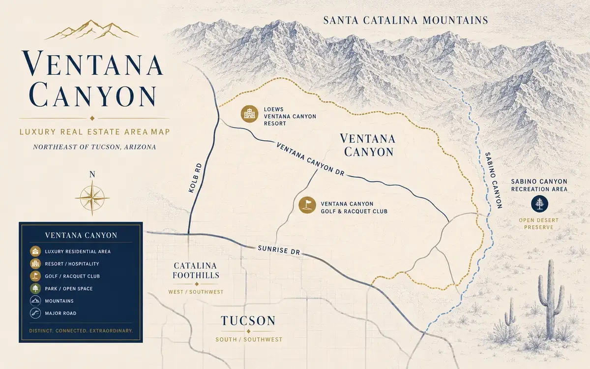 Illustrated luxury real estate orientation map of Ventana Canyon in northeast Tucson Arizona