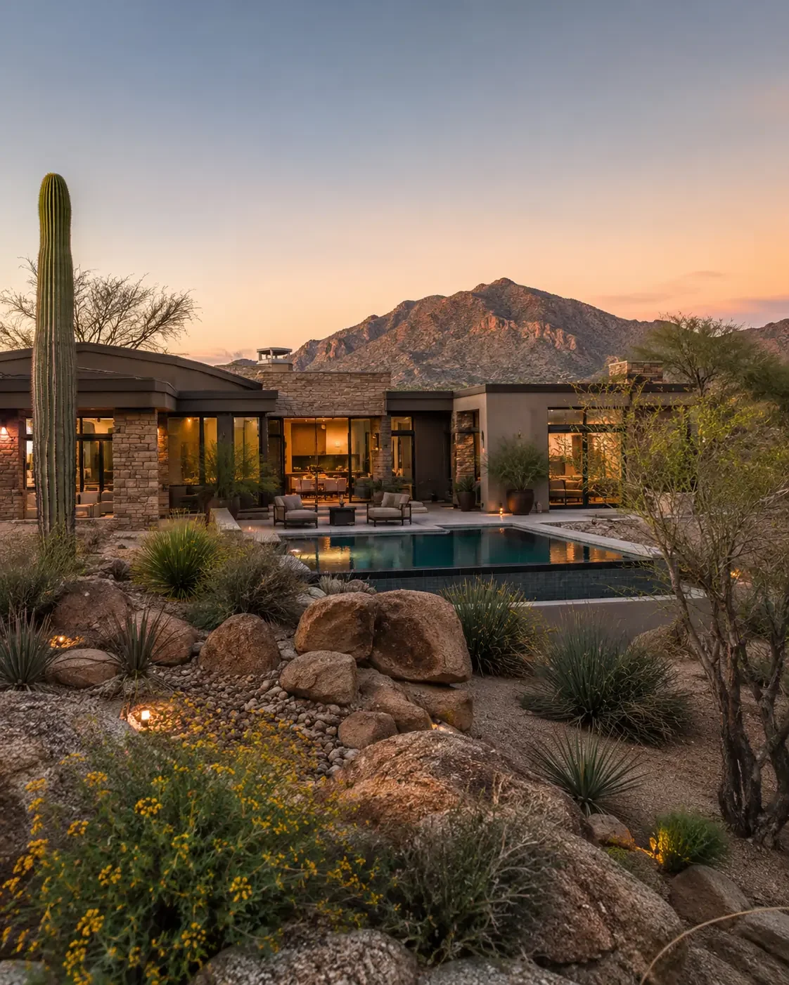 Stone Canyon custom luxury home with desert scenery and Tortolita Mountain views