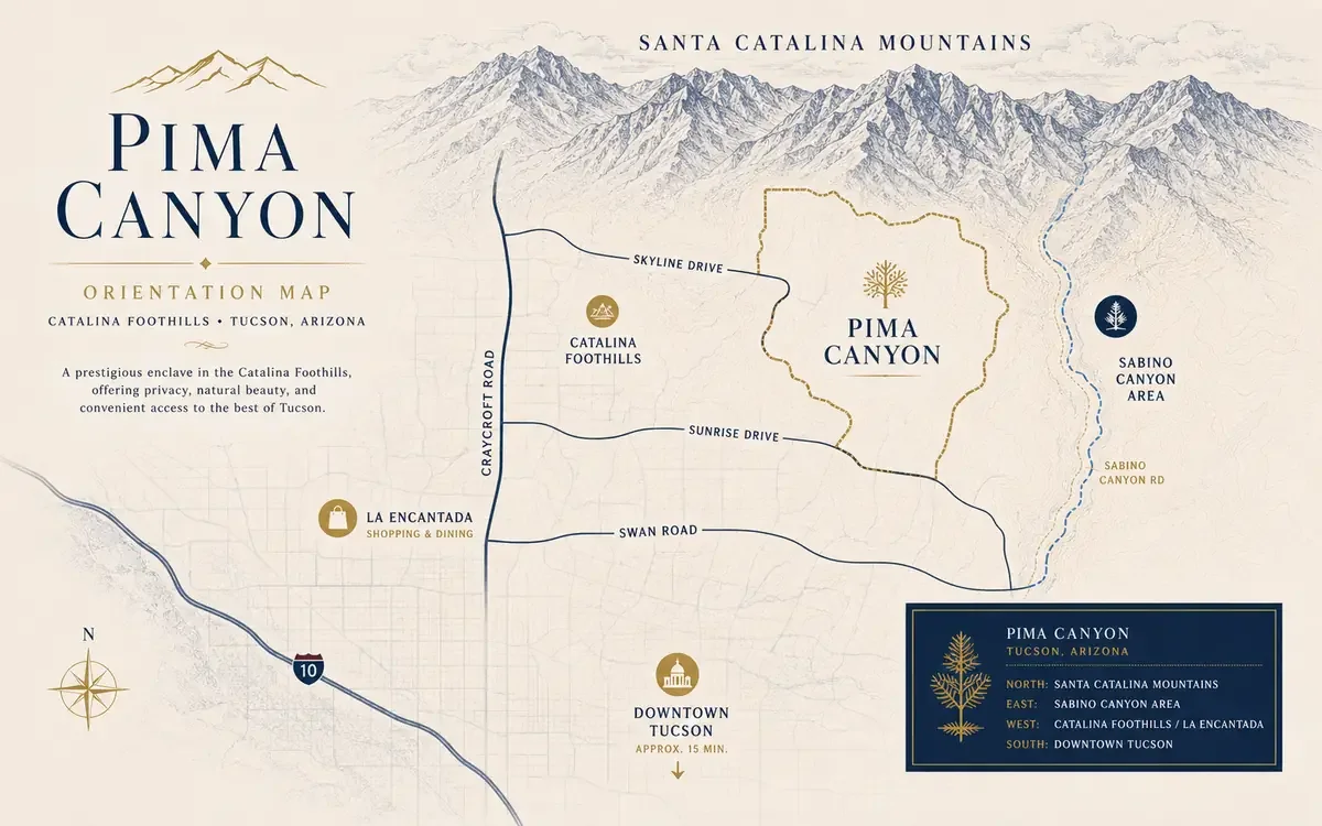 Illustrated orientation map of Pima Canyon in the Catalina Foothills of Tucson Arizona
