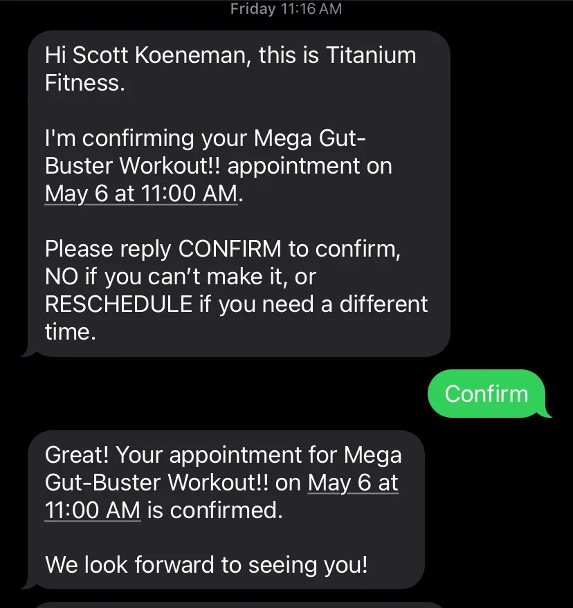 TitanBot confirmation SMS example