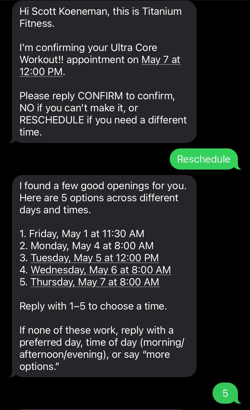 TitanBot reschedule SMS example