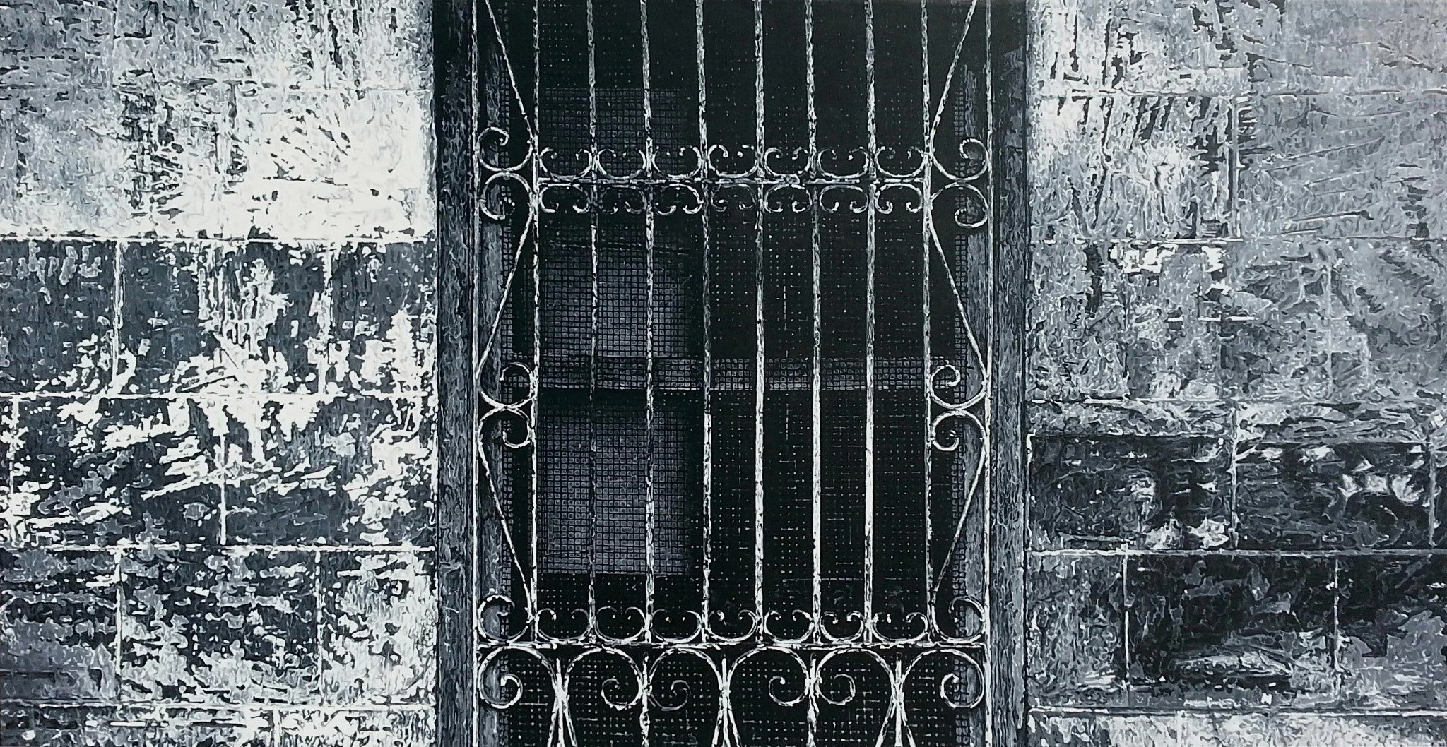 Ornamental iron grille in a distressed gray facade, acrylic painting by Yorlandi Fabregas.