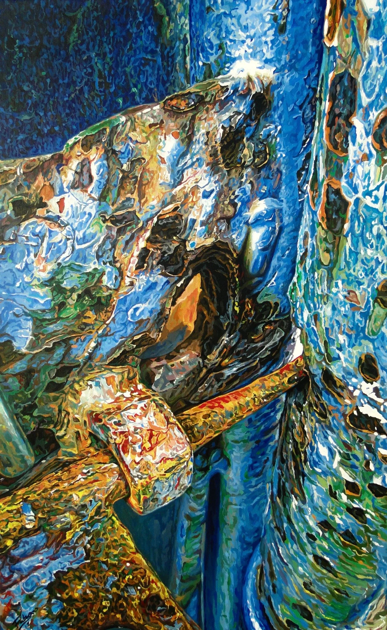 Rusted latch on a peeling blue and turquoise door, acrylic painting by Yorlandi Fabregas.