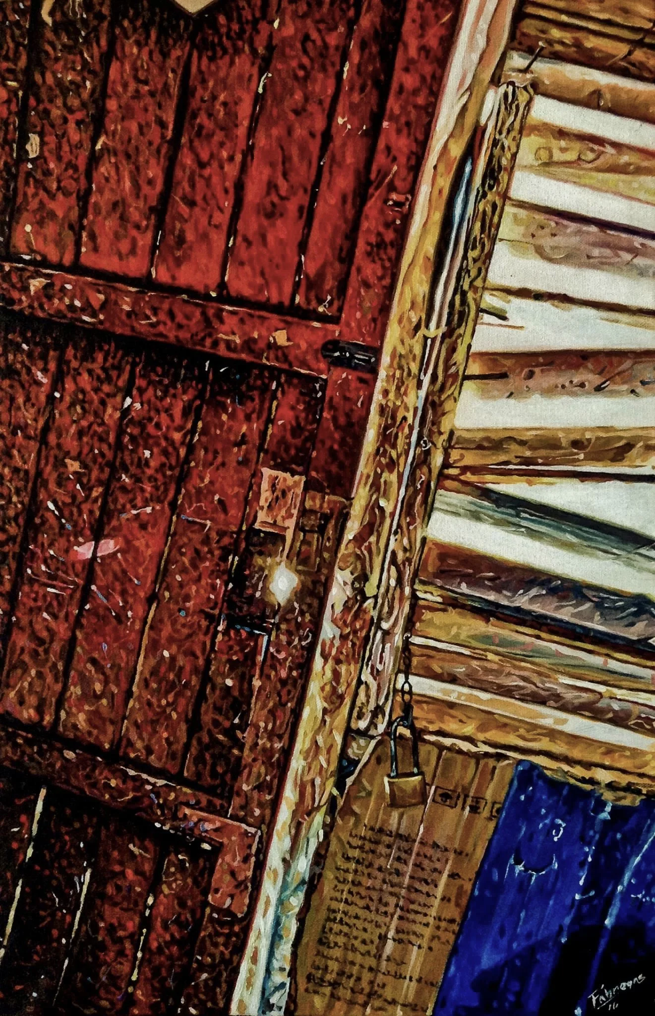 Weathered red timber door and broken cream shutter with a padlock, acrylic painting by Yorlandi Fabregas.