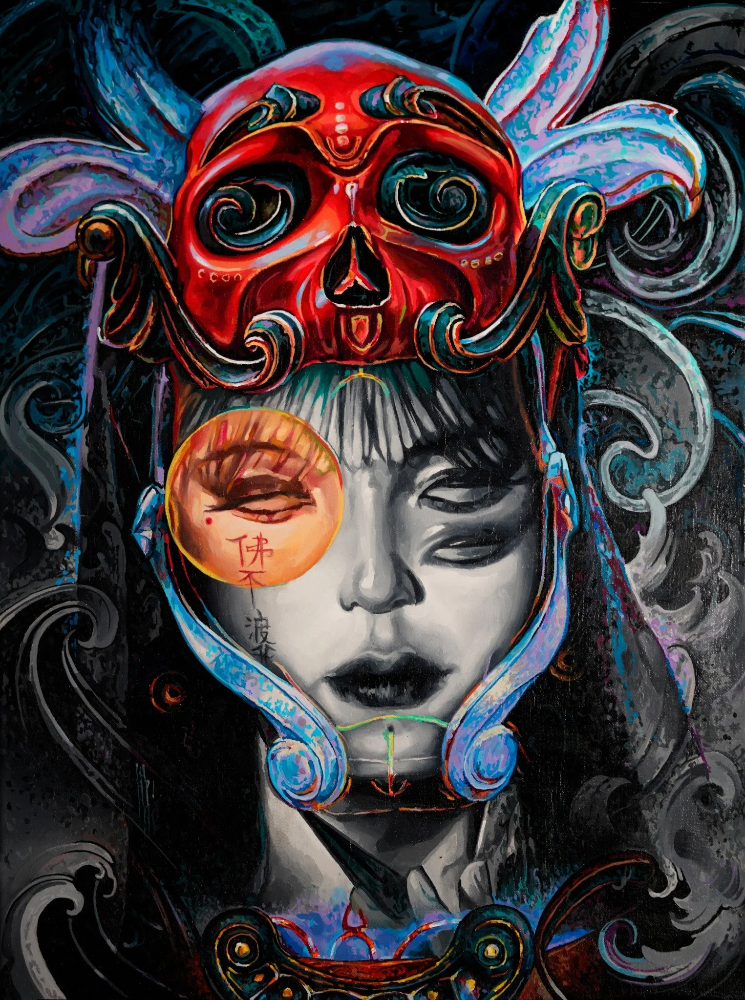 Painting of a grayscale female face beneath a red ornamental mask, with blue, violet and gold accents.
