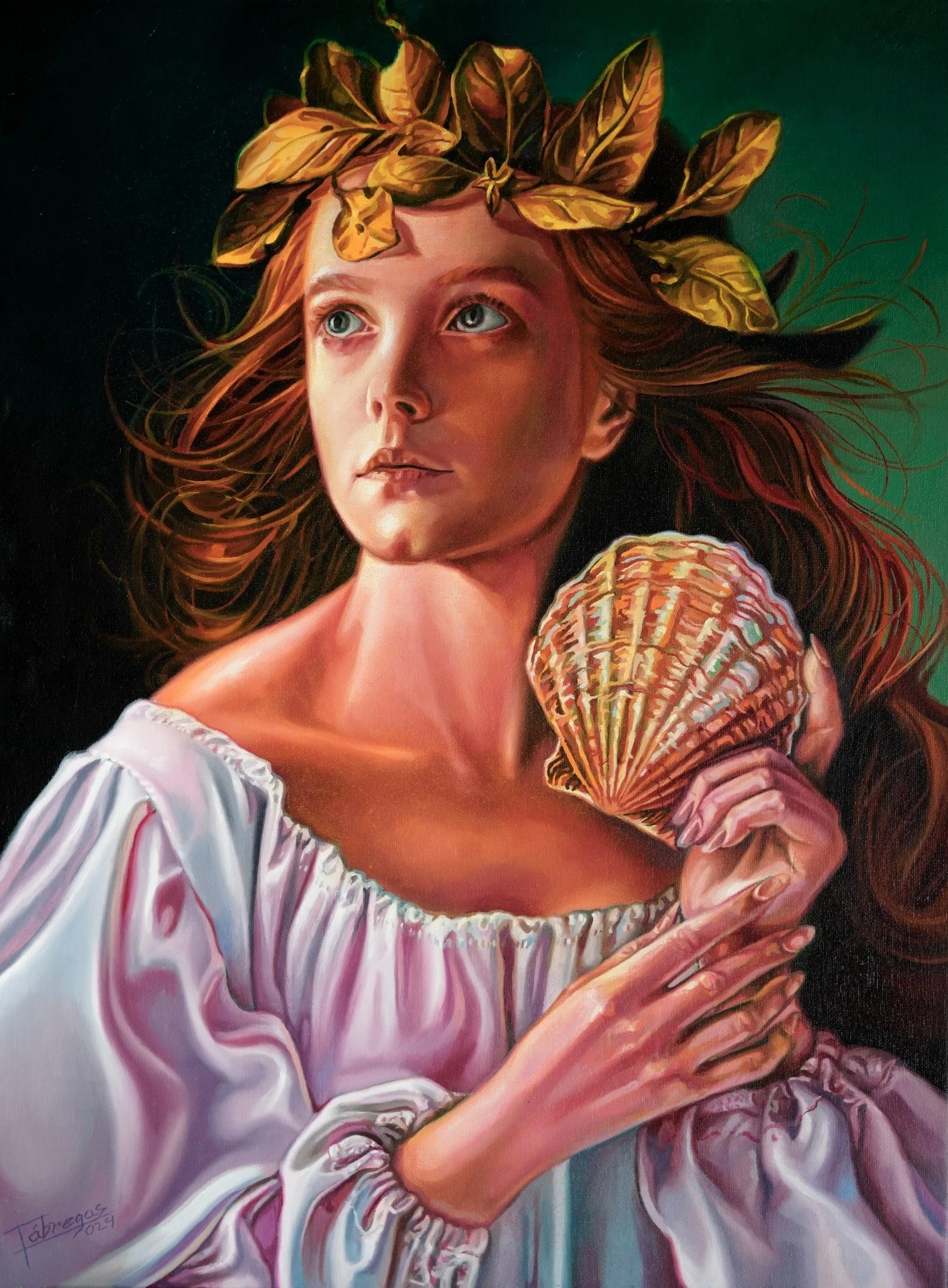 Painting of a woman holding a shell, wearing a white dress and a crown of golden leaves against a green background.