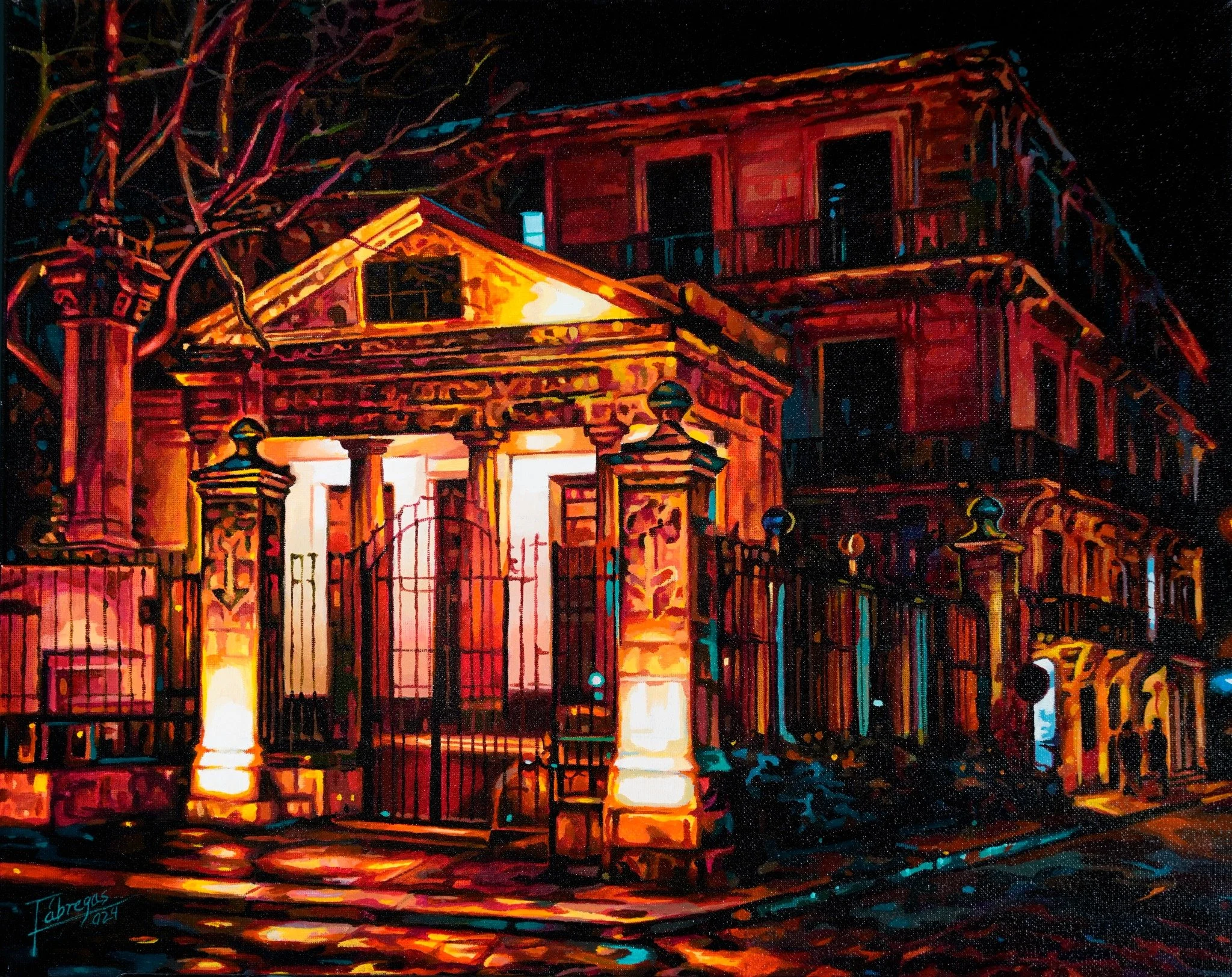 Nocturnal acrylic painting by Yorlandi Fabregas of a columned entrance and iron fence, illuminated in orange and red with turquoise accents.