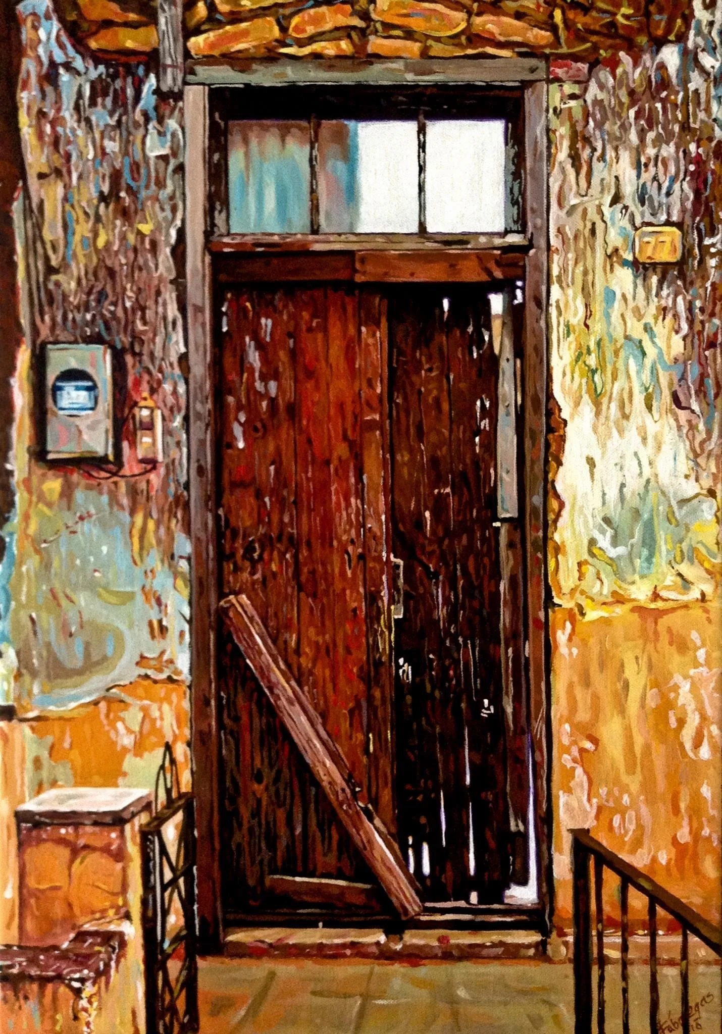 Damaged reddish-brown door framed by ochre walls, acrylic painting by Yorlandi Fabregas.