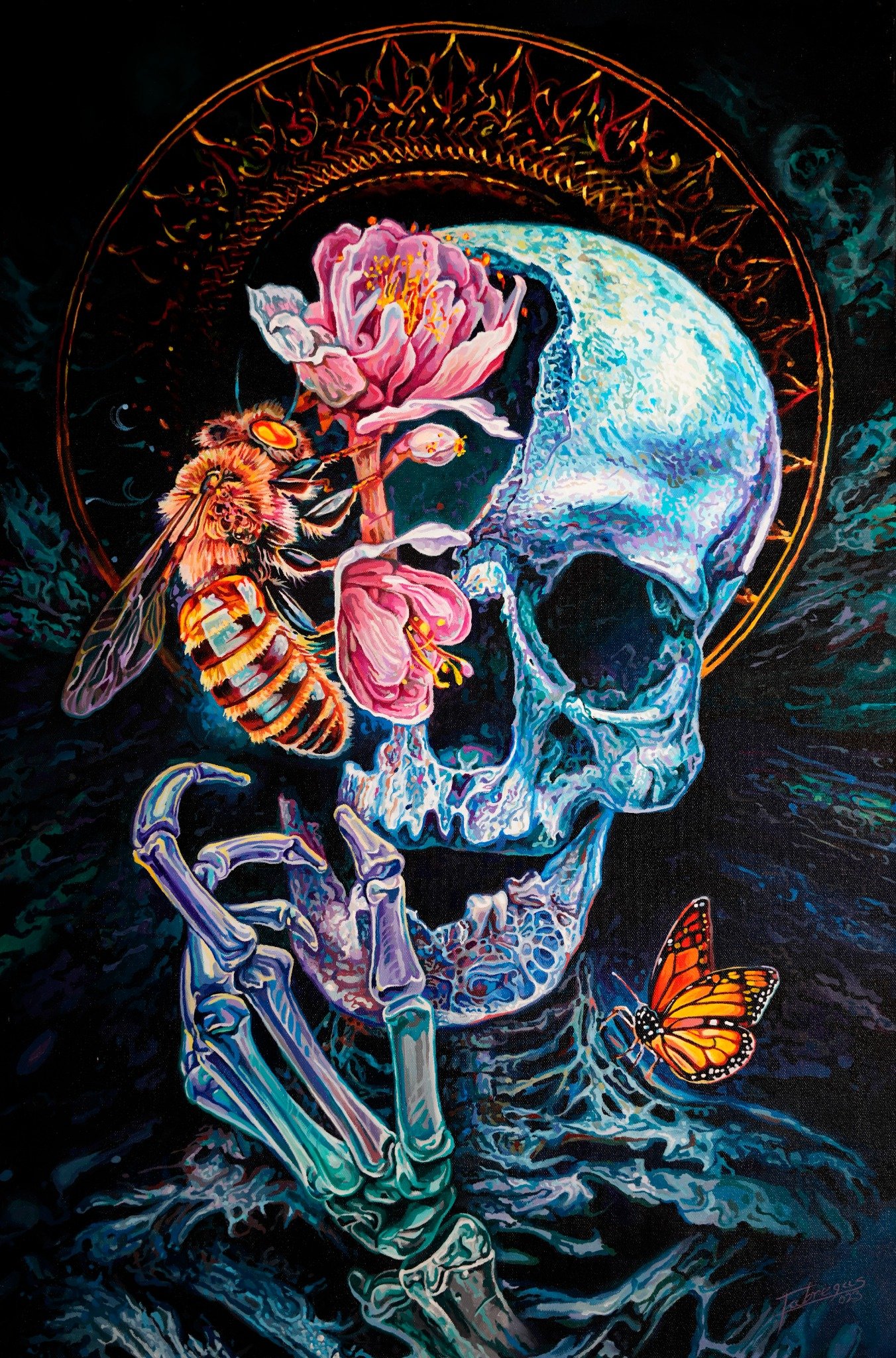 Painting of a blue skull and skeletal hand with pink flowers, a bee, an orange butterfly and a gold halo.