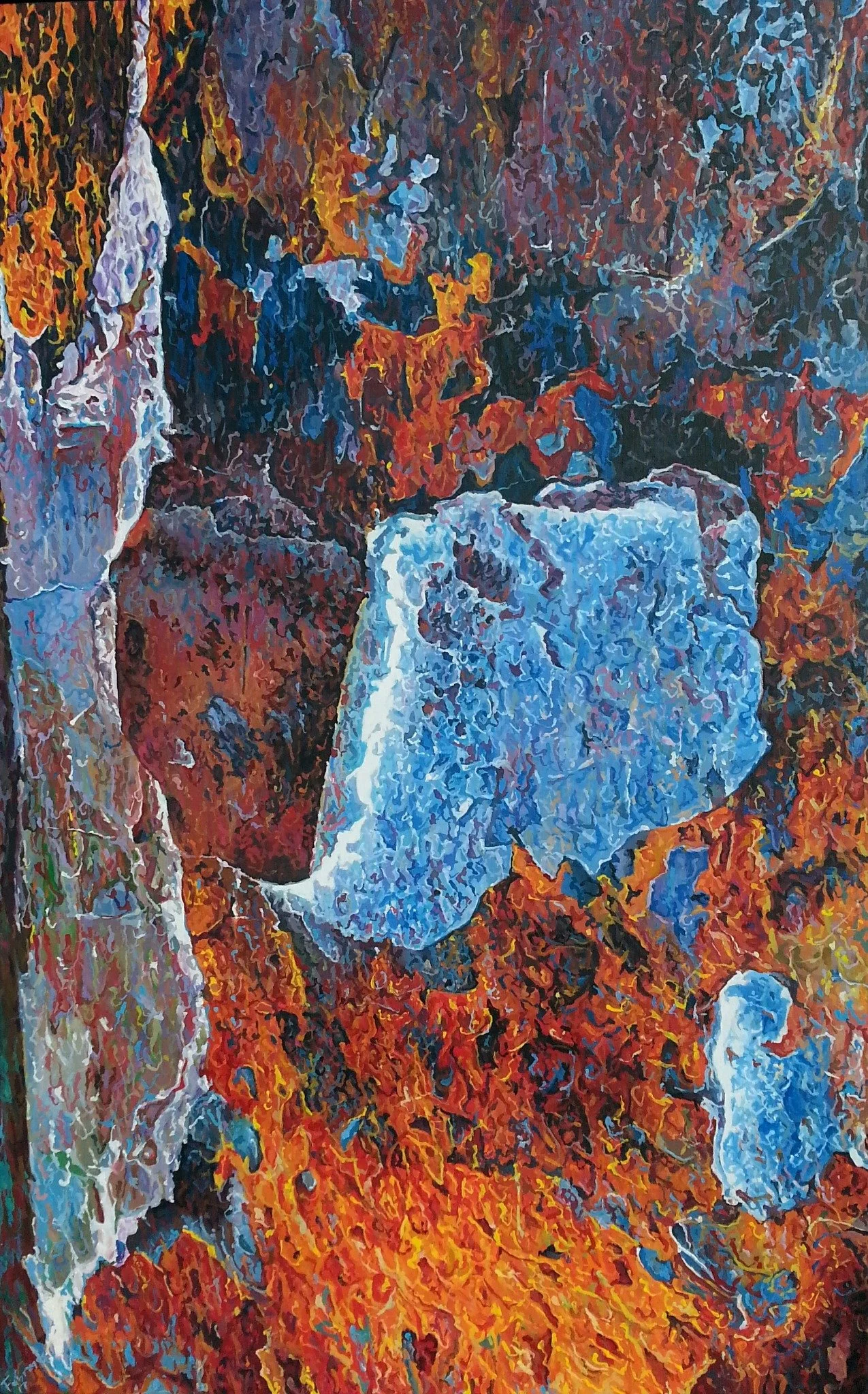 Peeling blue surfaces against orange, ochre and violet textures, acrylic painting by Yorlandi Fabregas.