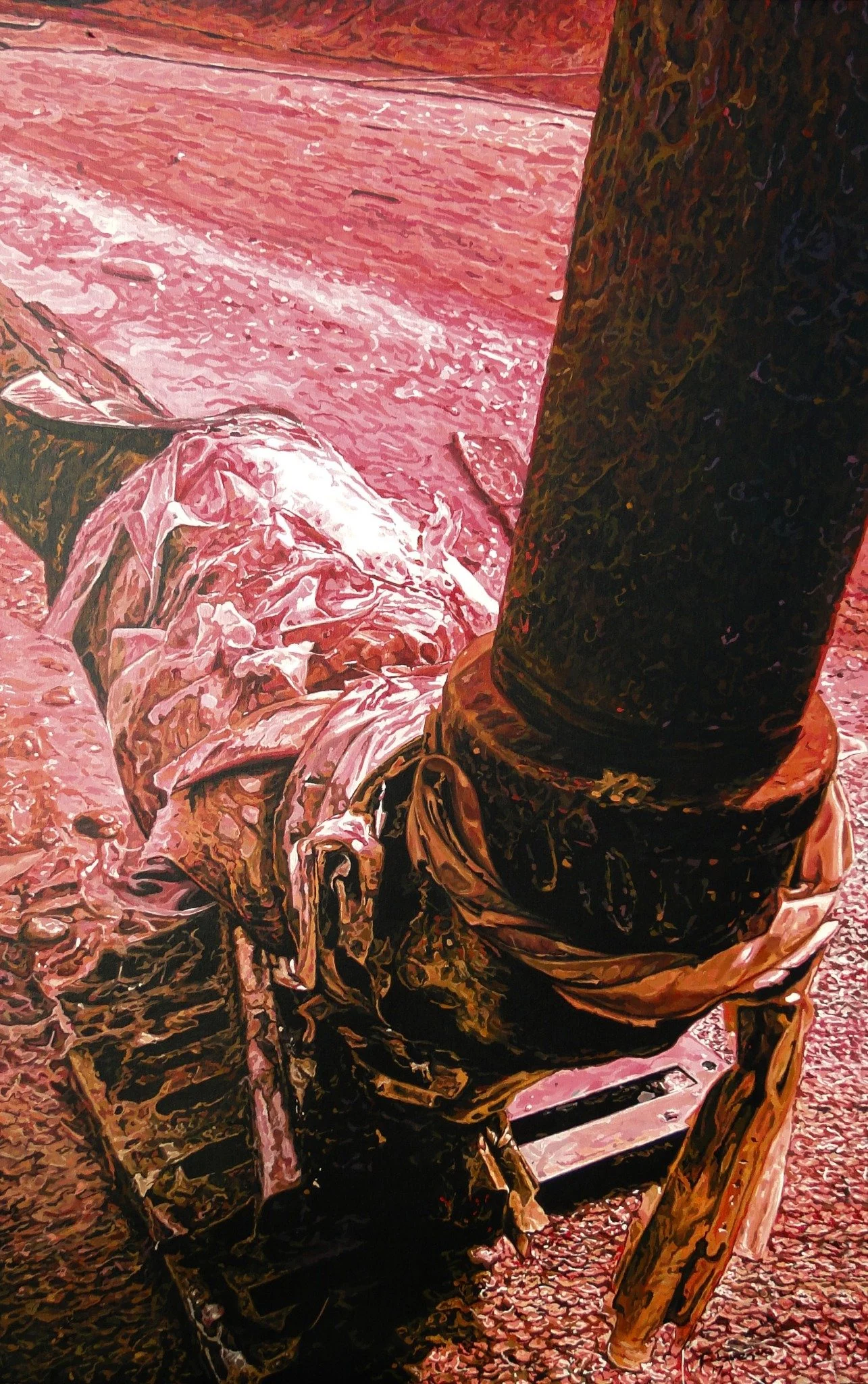 Dark post and worn textures in pink and rust-colored light, acrylic painting by Yorlandi Fabregas.