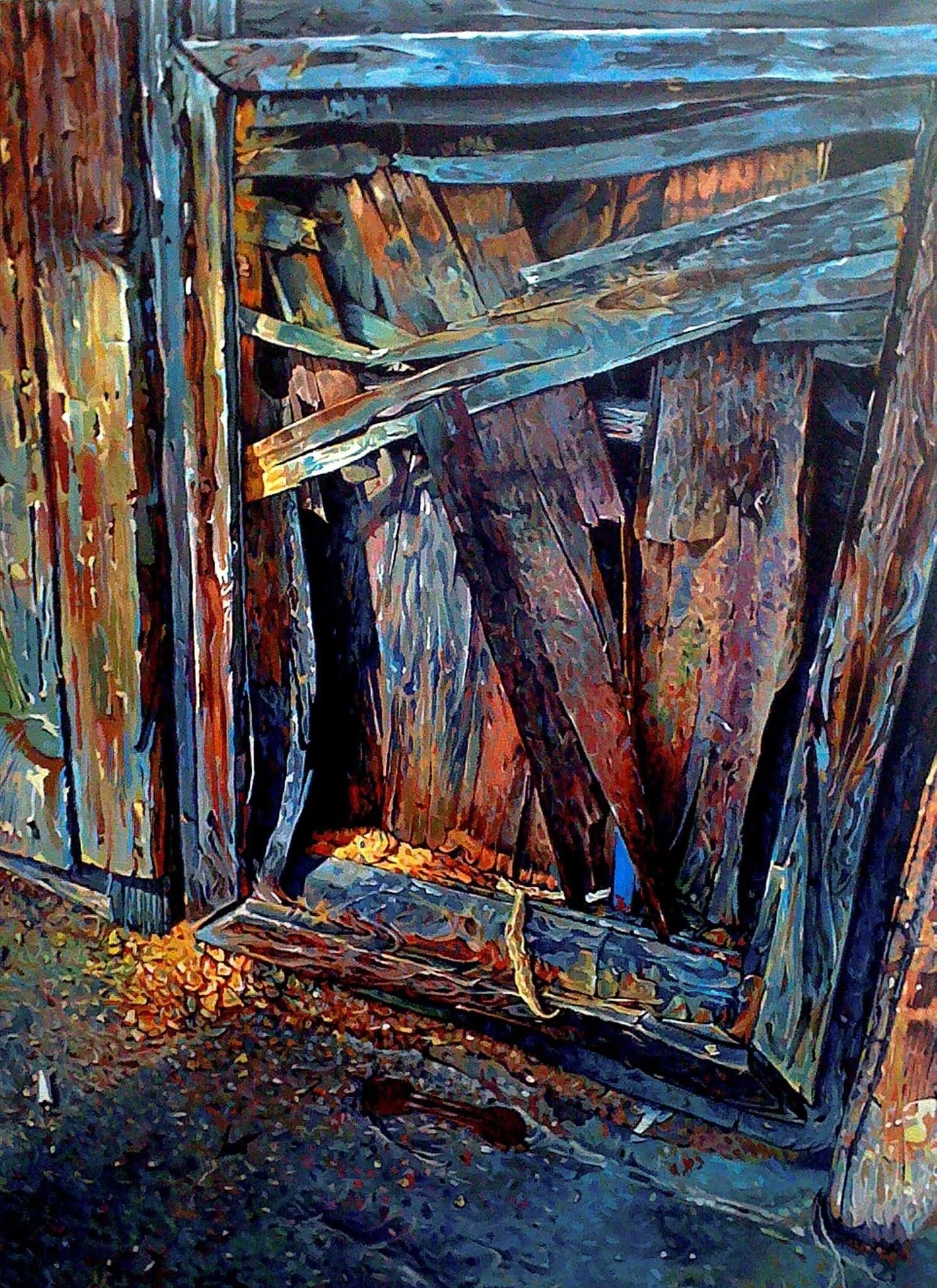 Weathered blue-gray wooden door reinforced with diagonal boards, painted in acrylic on canvas by Yorlandi Fabregas.