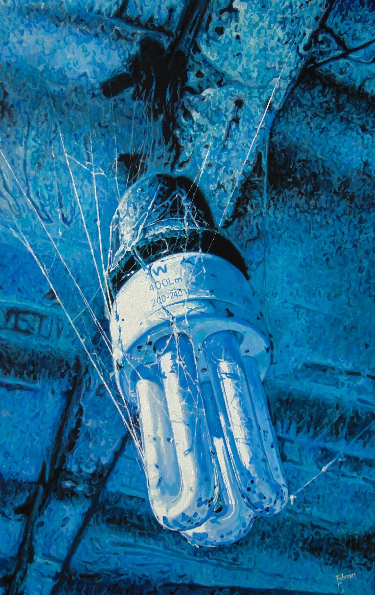 Hanging fluorescent bulb against a distressed cobalt-blue wall, acrylic painting by Yorlandi Fabregas.