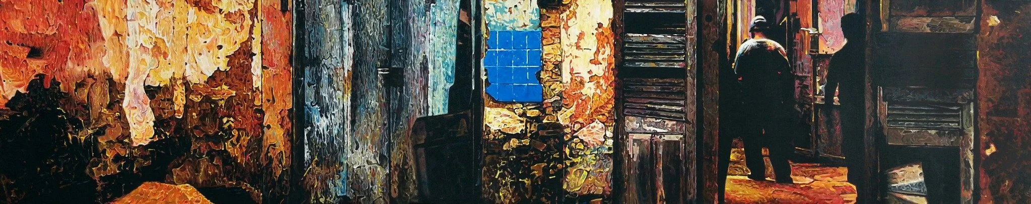 Panoramic acrylic painting of an ochre facade, blue doorway and shadowed figure by Yorlandi Fabregas.