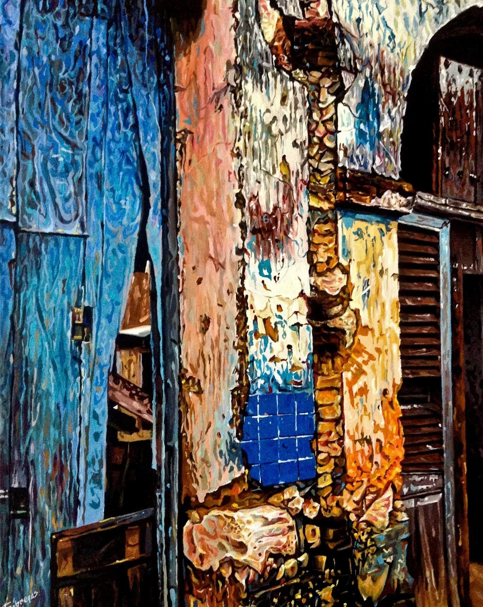 Blue doorway beside weathered cream and ochre walls and blue tiles, acrylic painting by Yorlandi Fabregas.