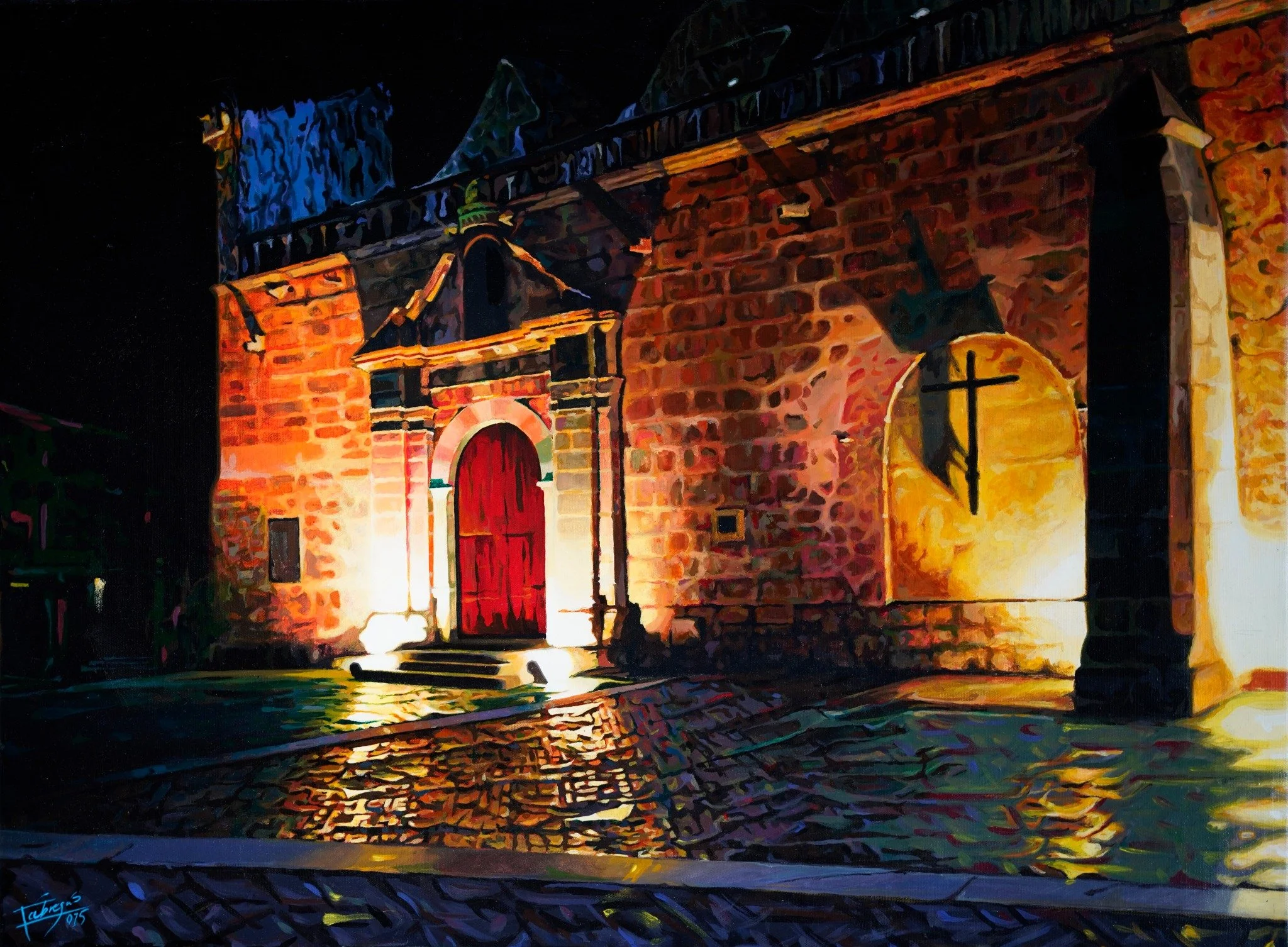 Acrylic painting by Yorlandi Fabregas of a church facade at night, with a red door, warm golden lighting and blue shadows.