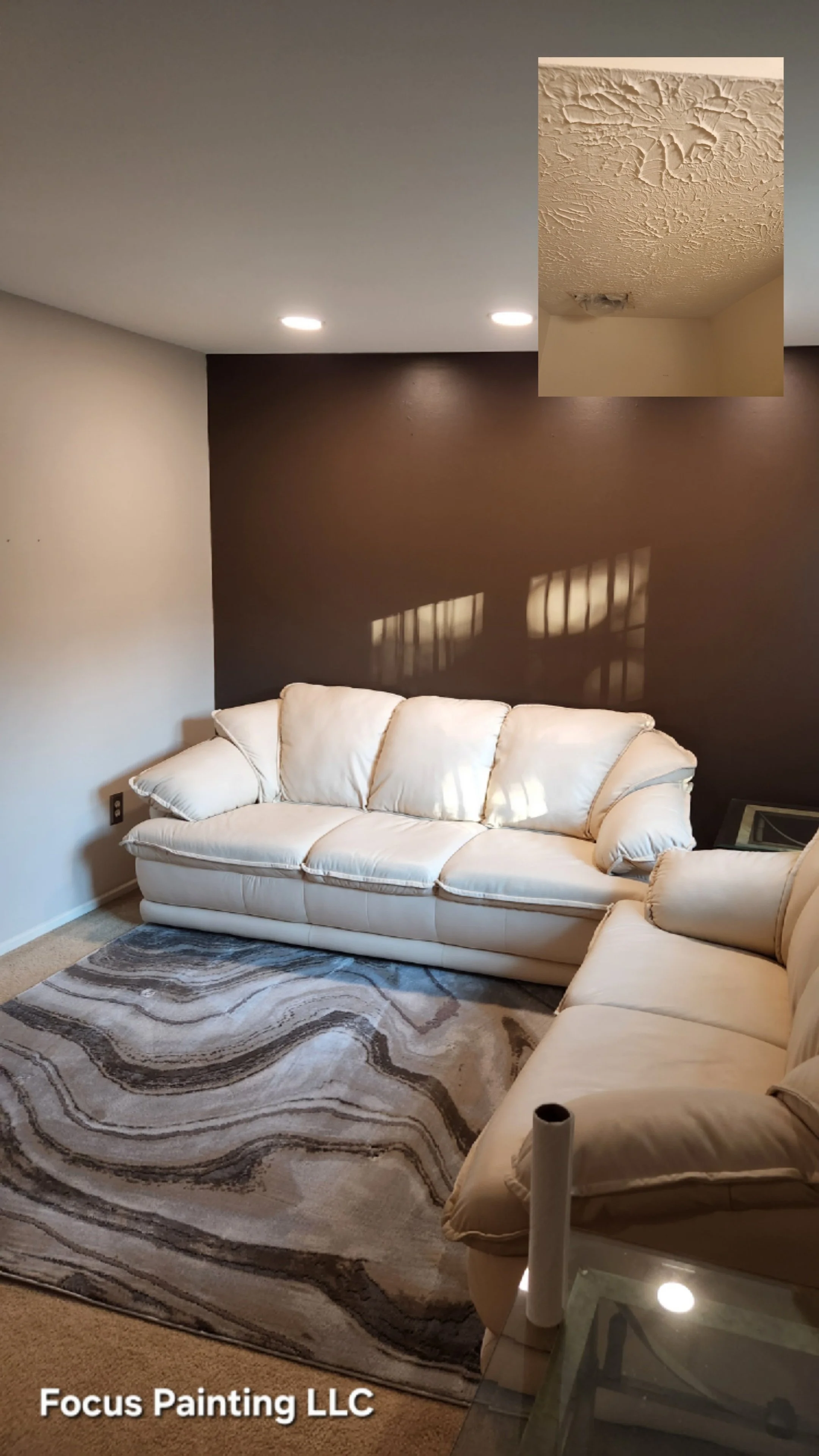Brown accent wall and ceiling texture removal by Focus Painting in Maryland
