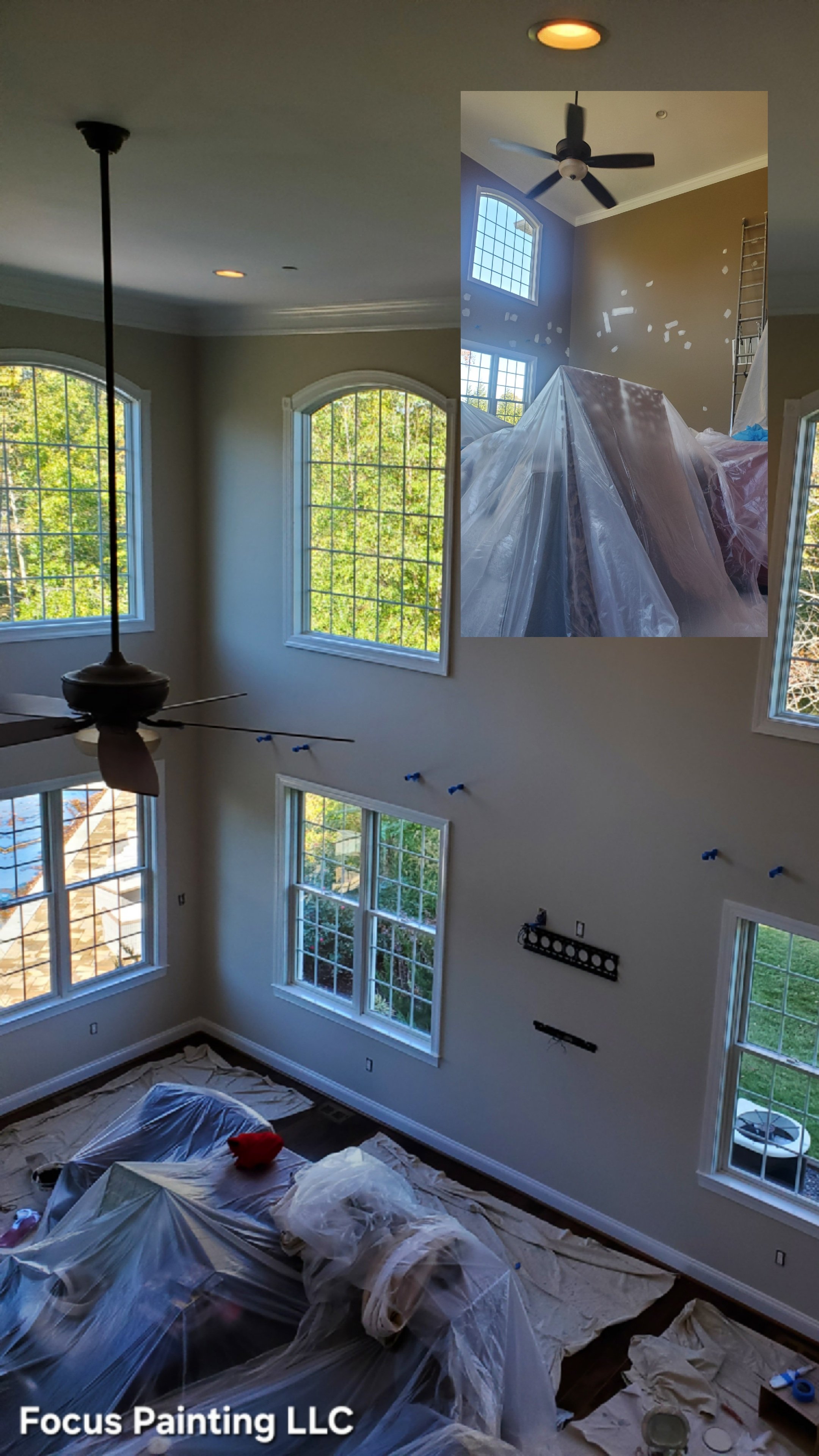 Before and after high ceiling and walls of living room by Focus Painting in Maryland