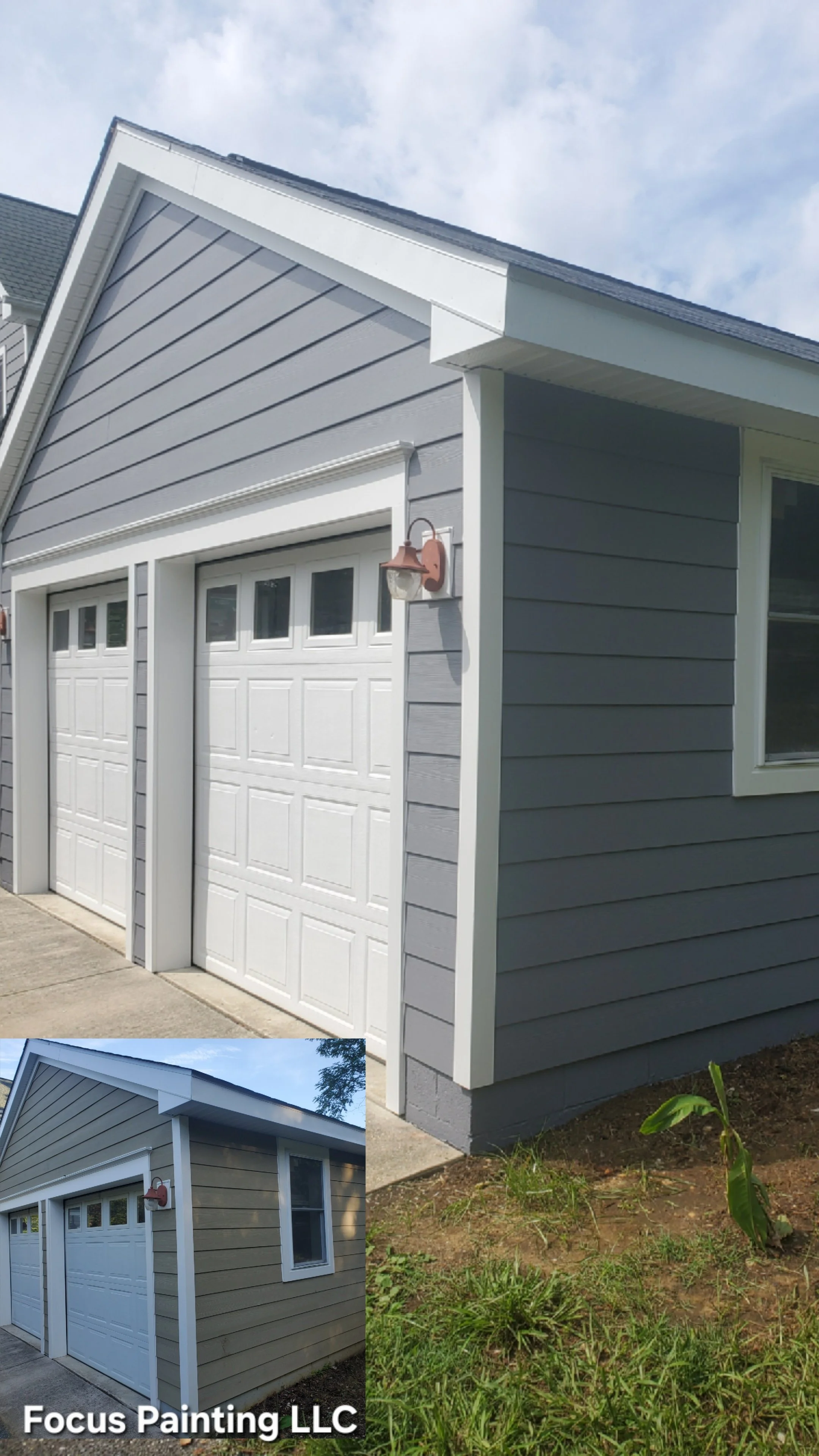 Exterior garage painting before and after by Focus Painting in Maryland