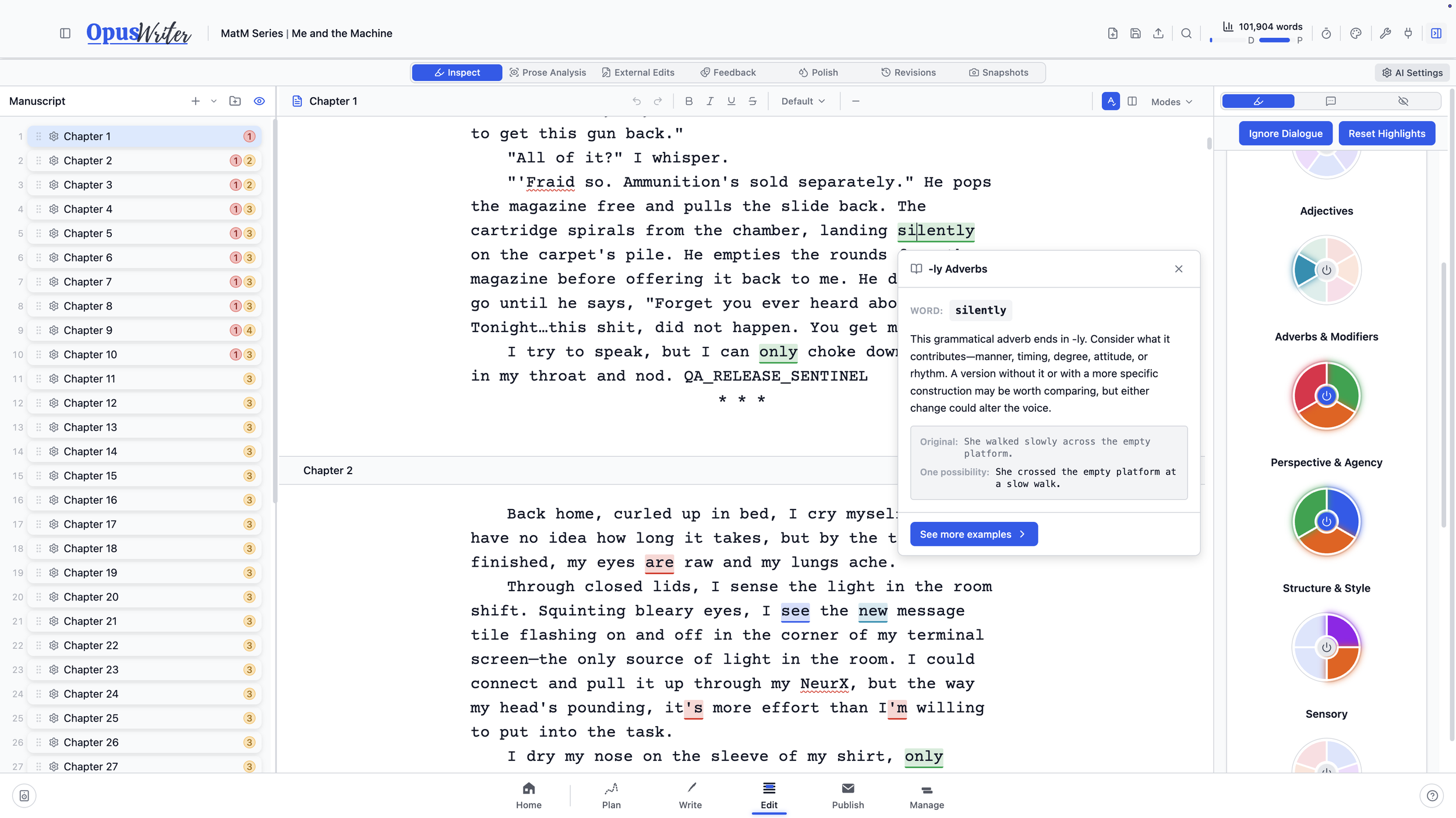 The OpusWriter Inspect workspace highlighting prose patterns and explaining an adverb in context