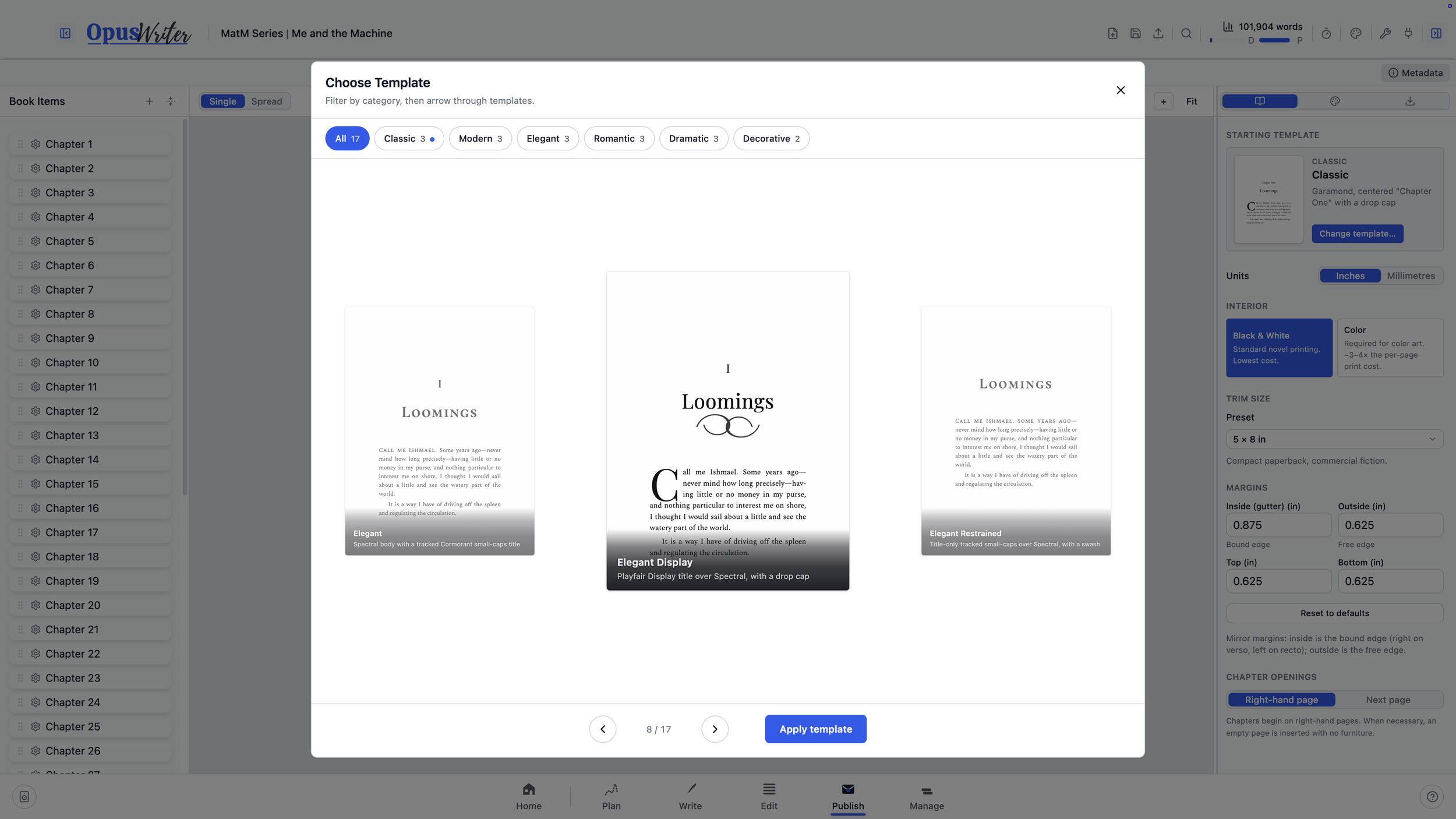 OpusWriter book design controls showing several chapter heading designs