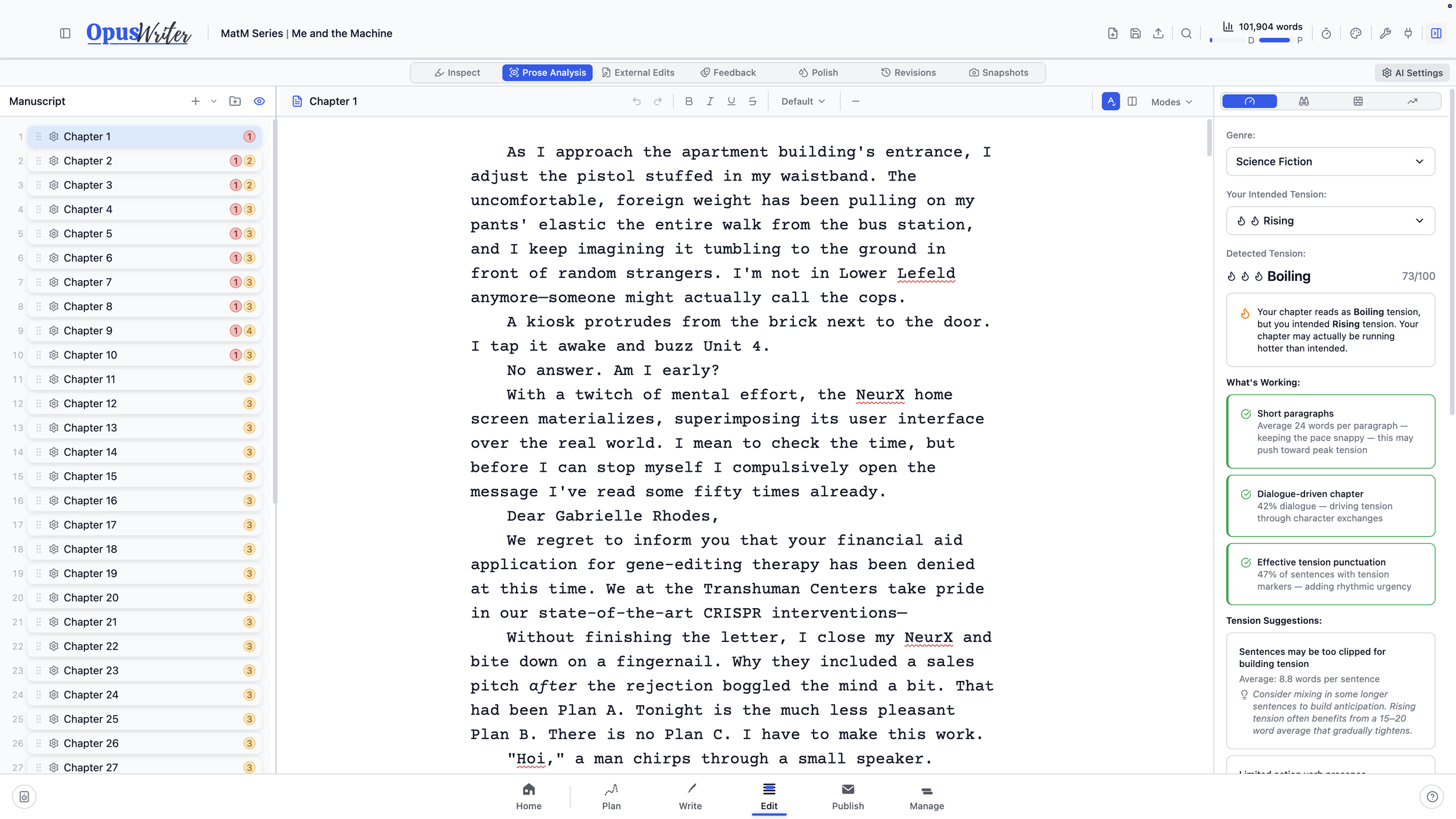 OpusWriter comparing the intended tension for a chapter with tension detected in the prose
