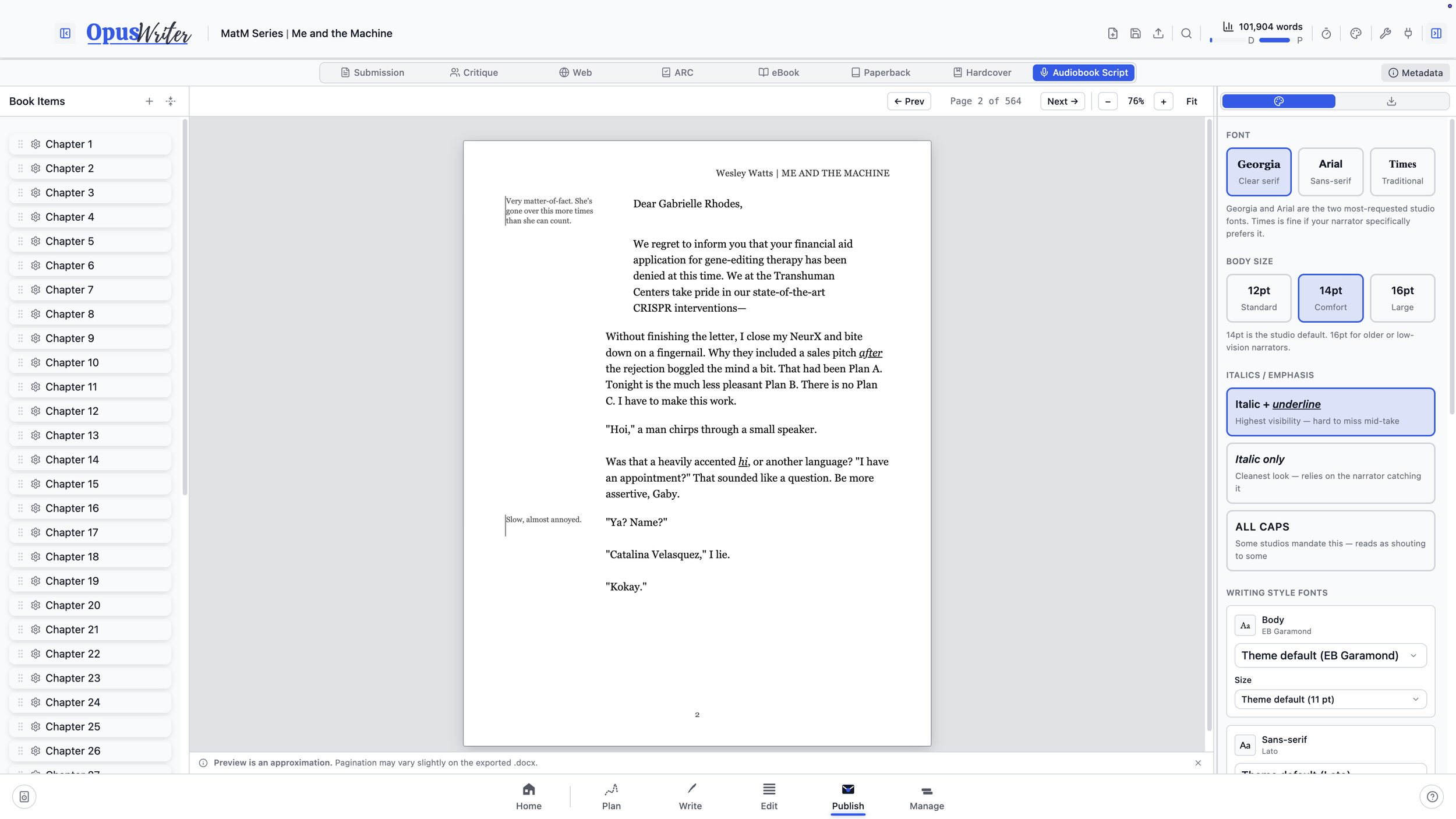 An audiobook script with paragraph-specific performance notes in OpusWriter