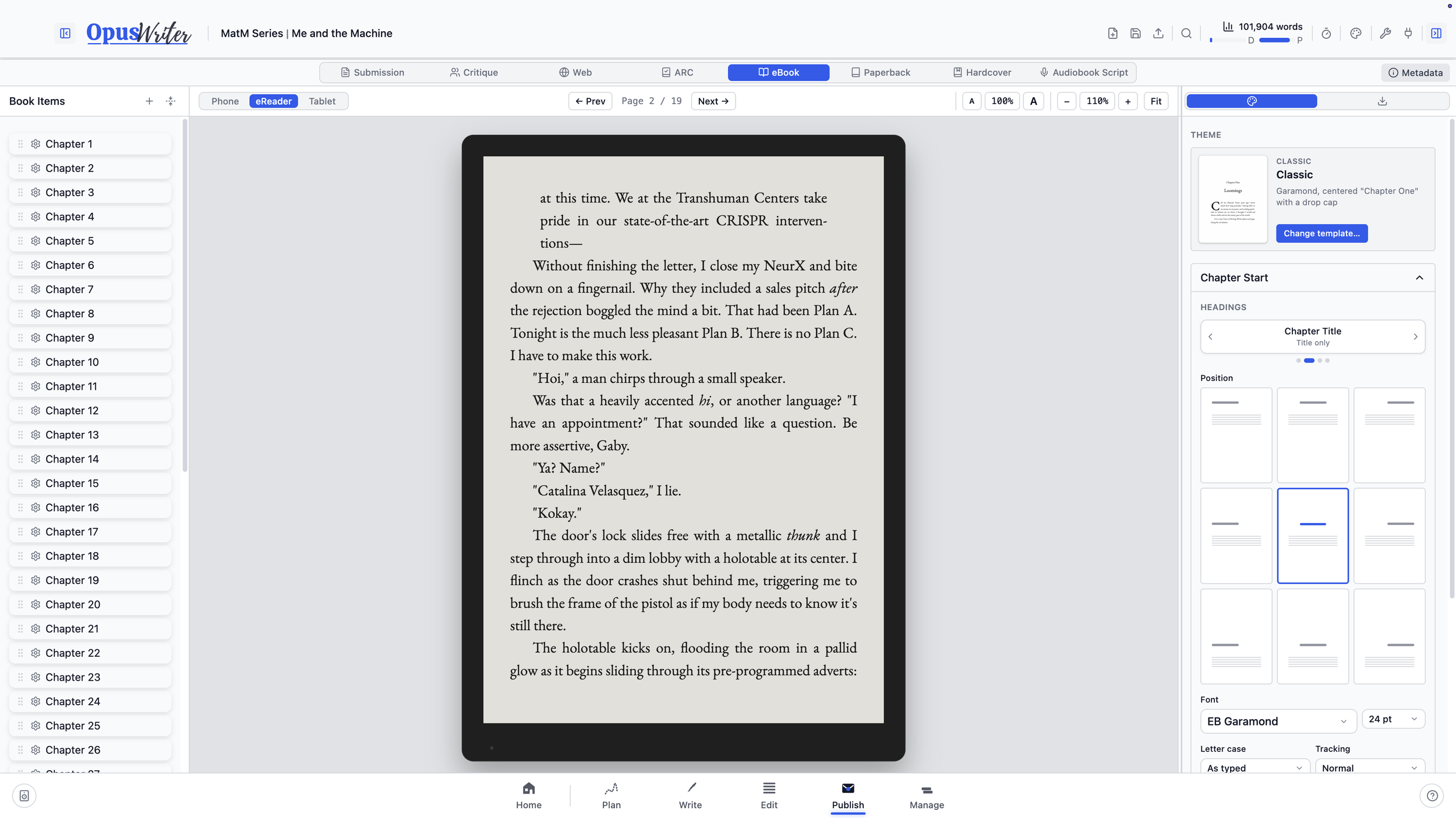 The same book shown as a reflowable ebook edition in OpusWriter Publish