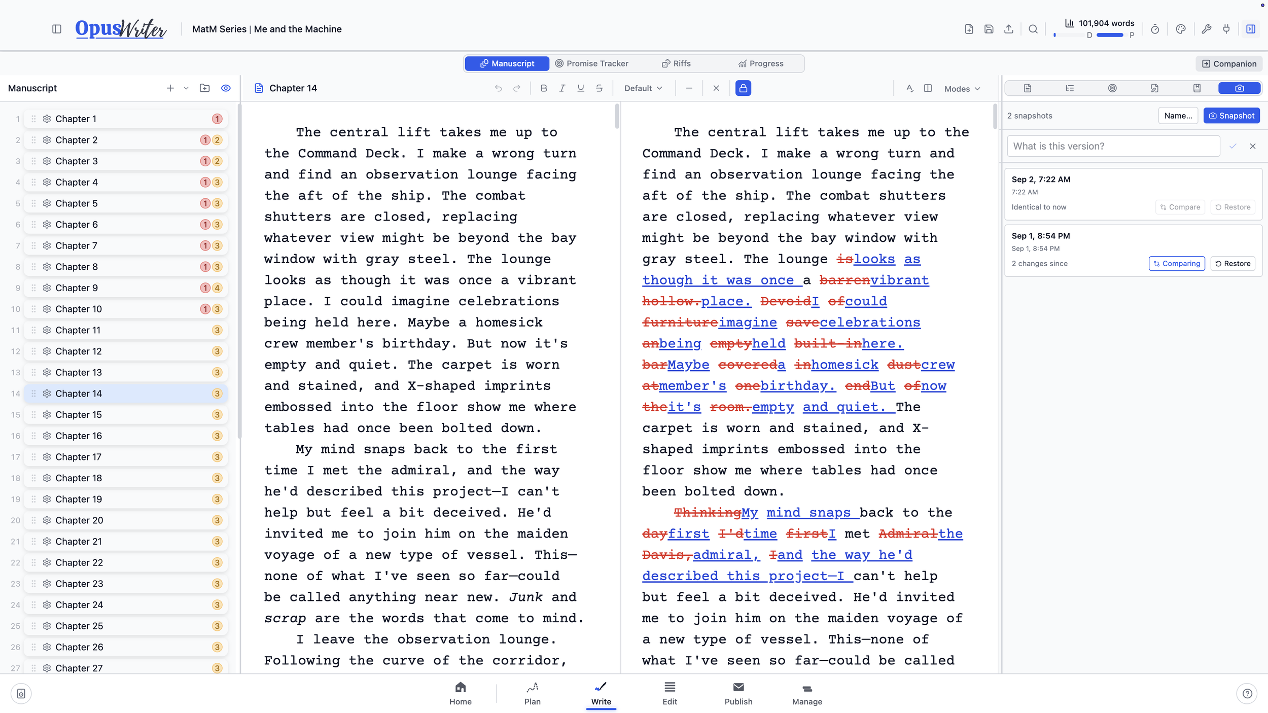 A live chapter compared side by side with an earlier snapshot in OpusWriter