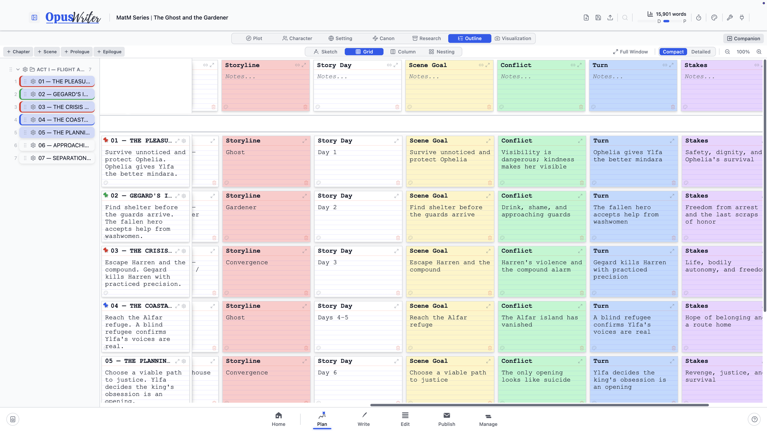 The Grid outline view showing chapters against customizable story columns