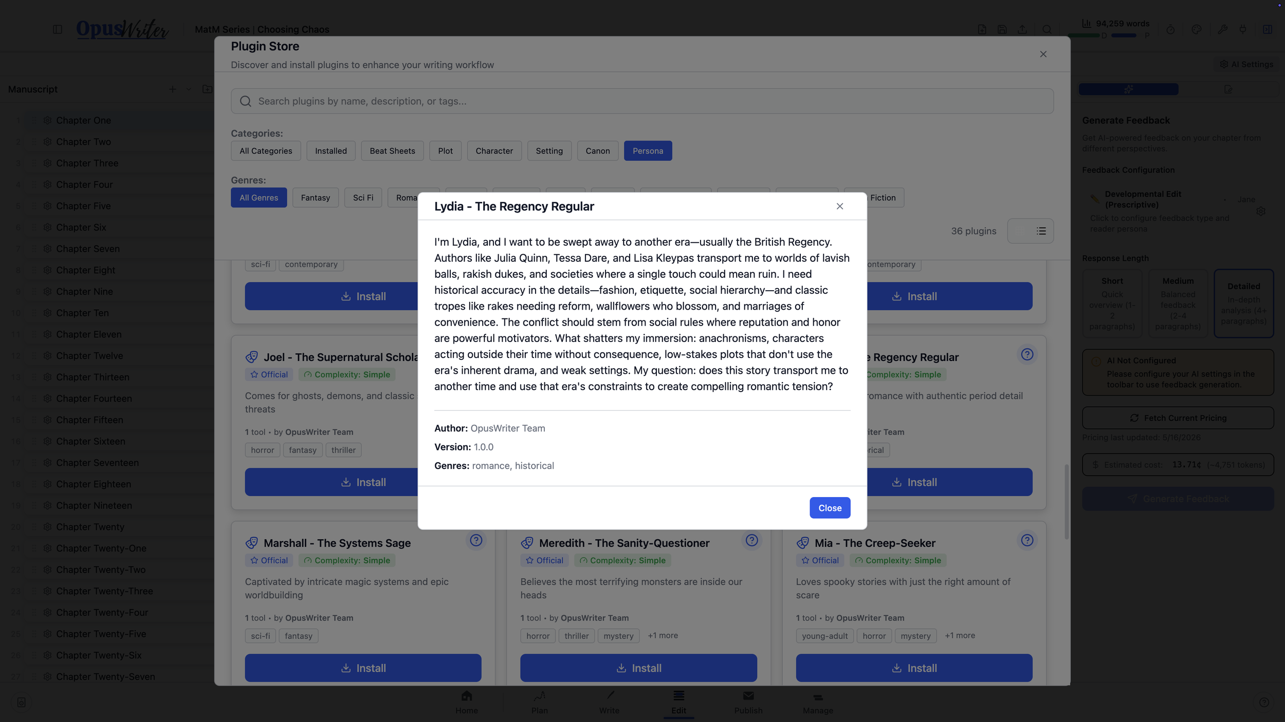 The OpusWriter persona library showing readers with different genre preferences and expectations