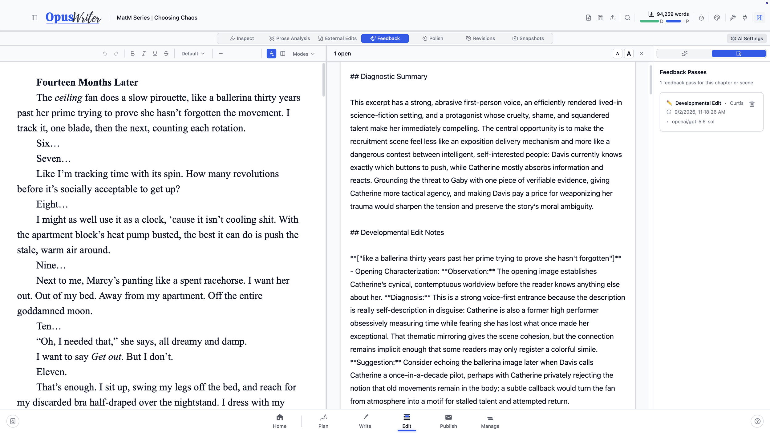 A completed developmental feedback pass displayed beside the manuscript in OpusWriter