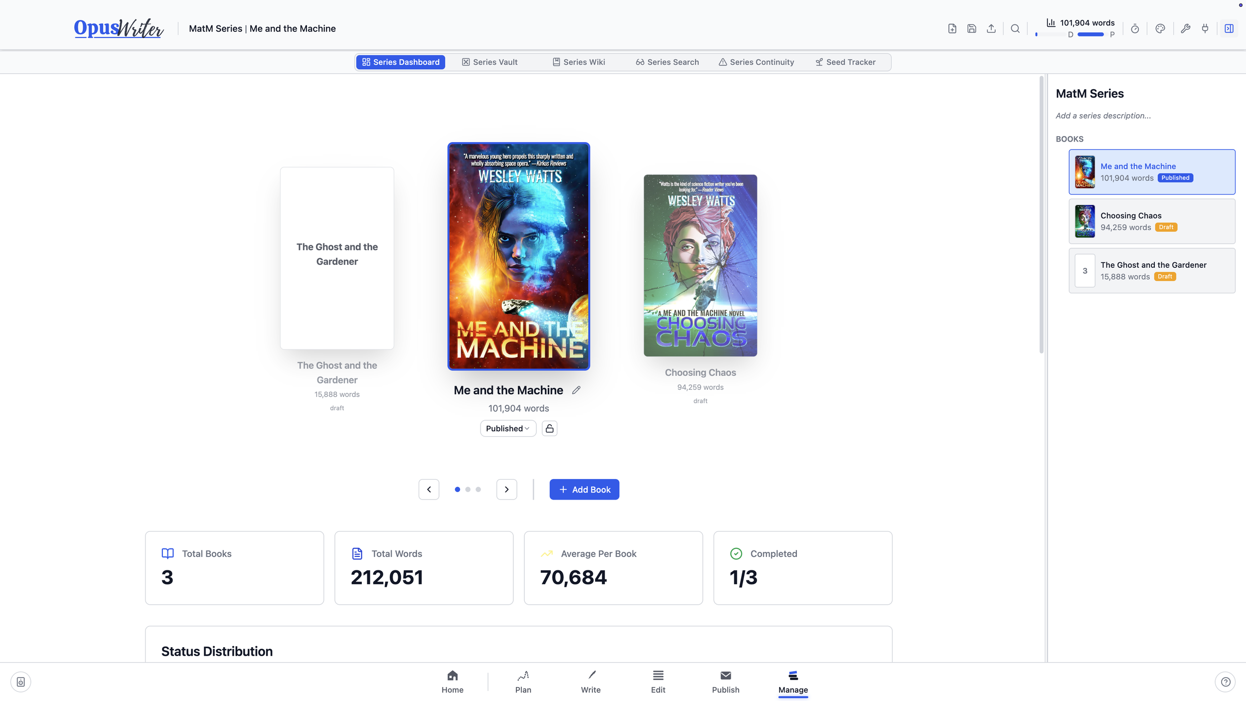 The OpusWriter Manage dashboard showing all books in a series