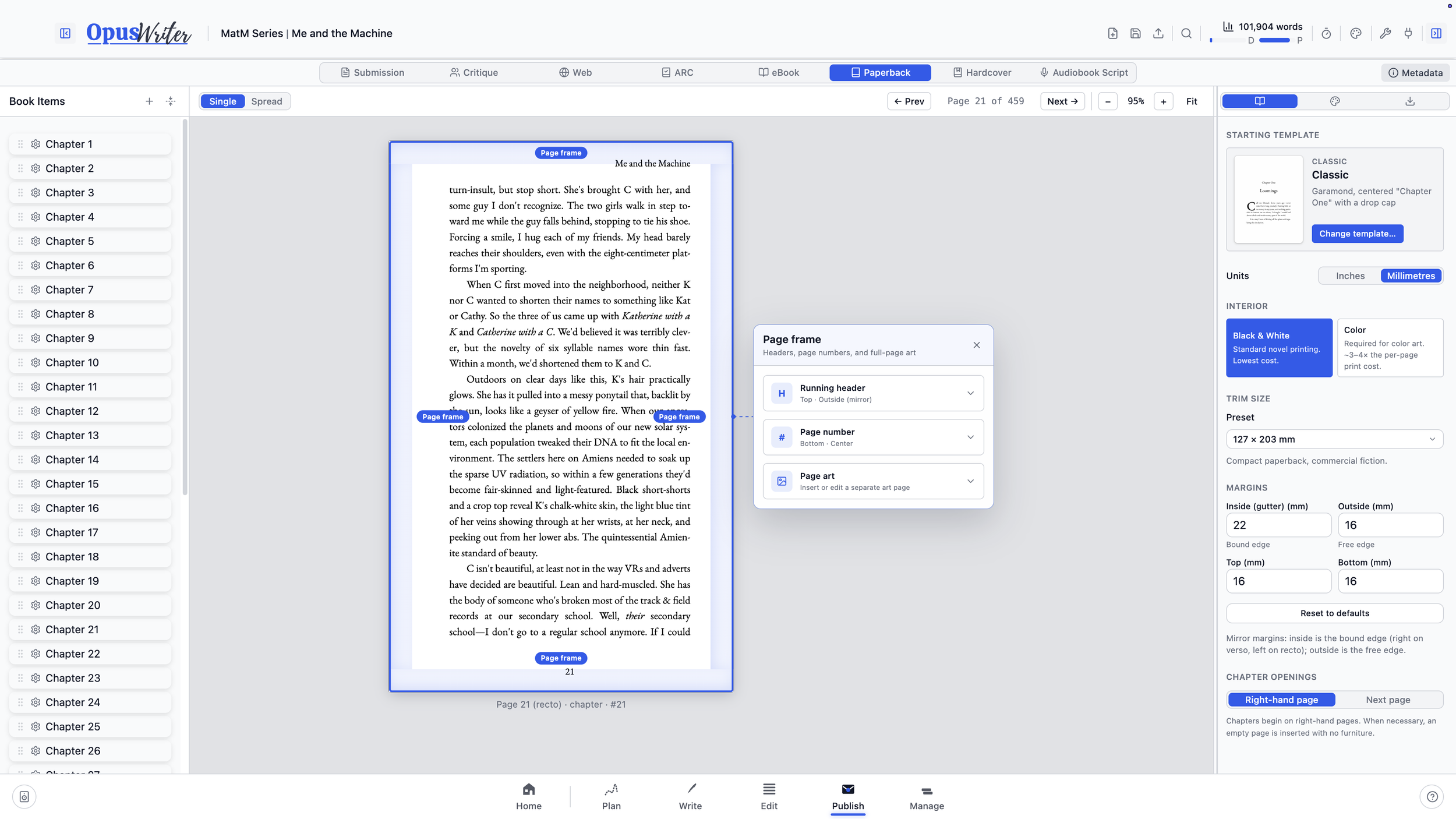 Print page setup controls beside a paperback page preview in OpusWriter