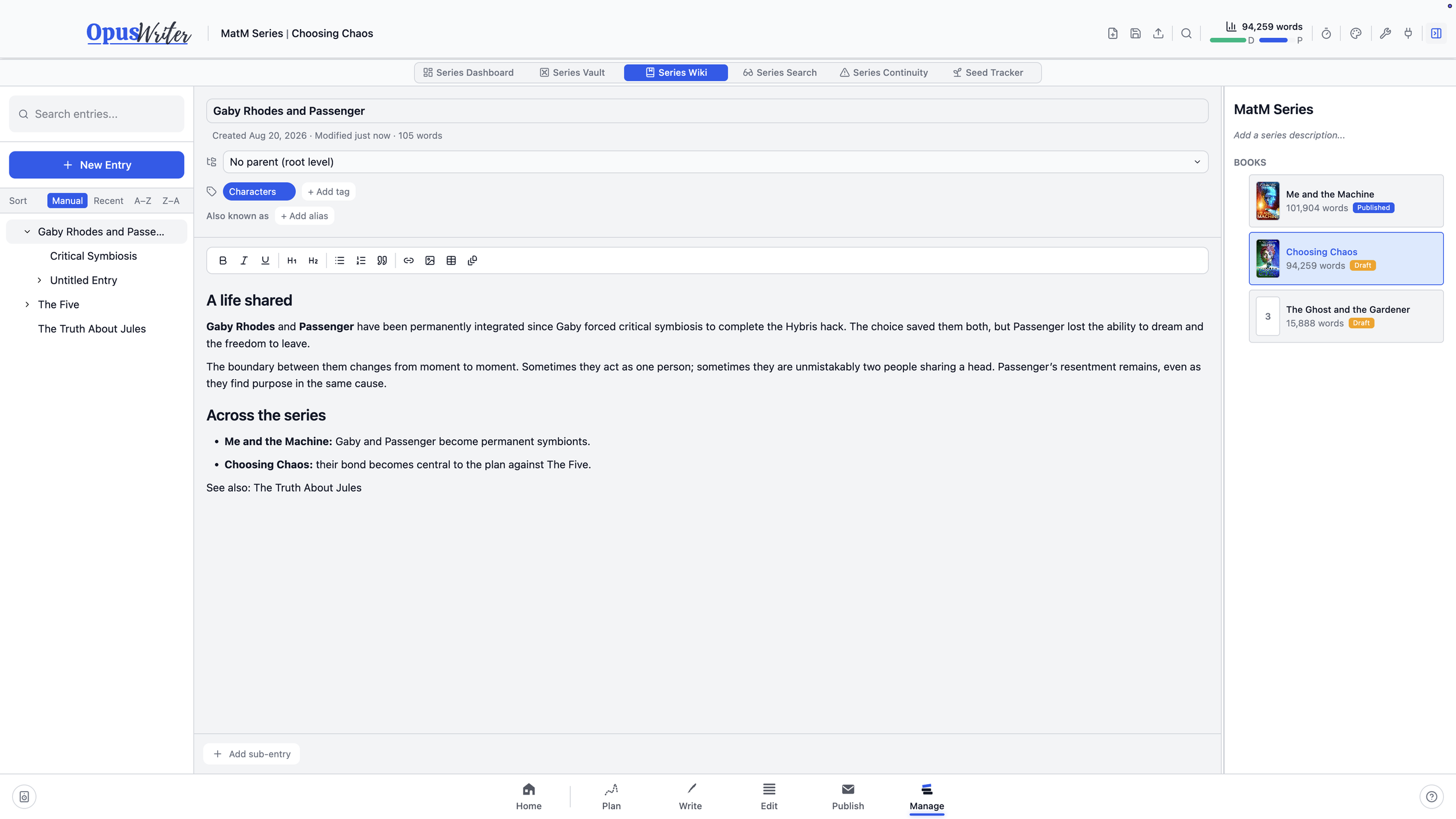 The OpusWriter Series Wiki with nested pages, linked entries, and backlinks