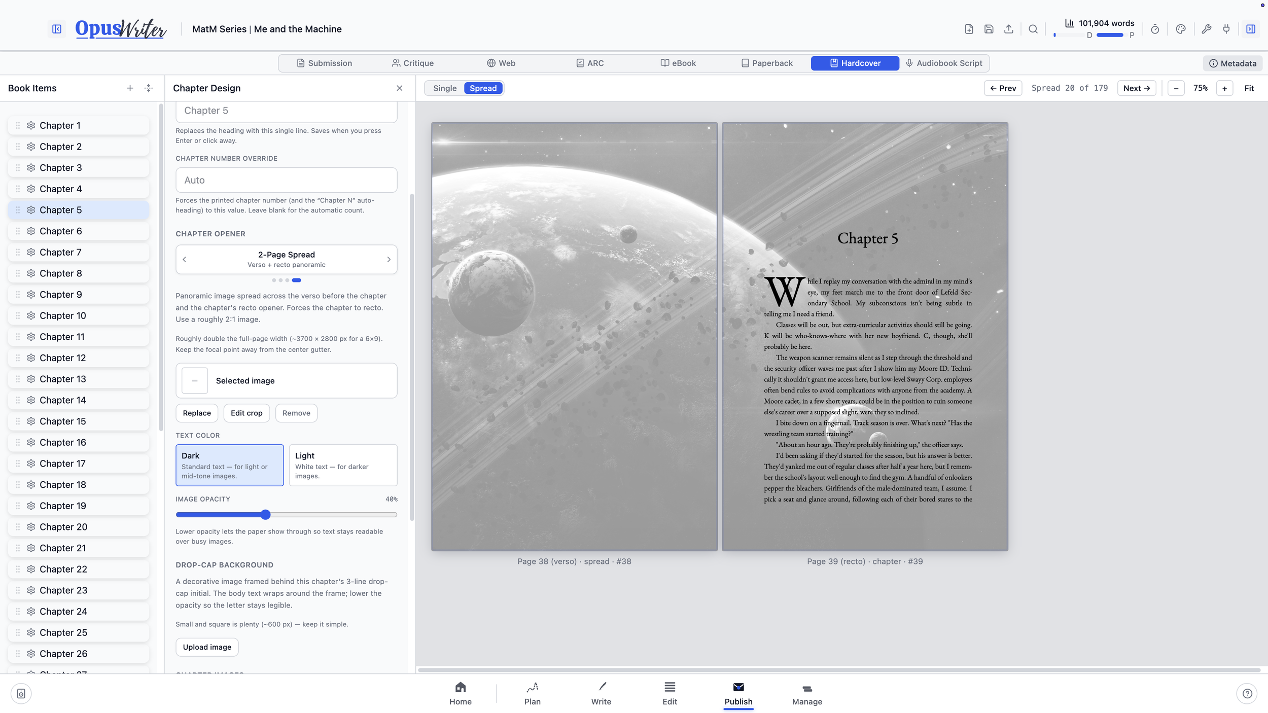 OpusWriter Publish showing a designed print spread and the available publishing formats