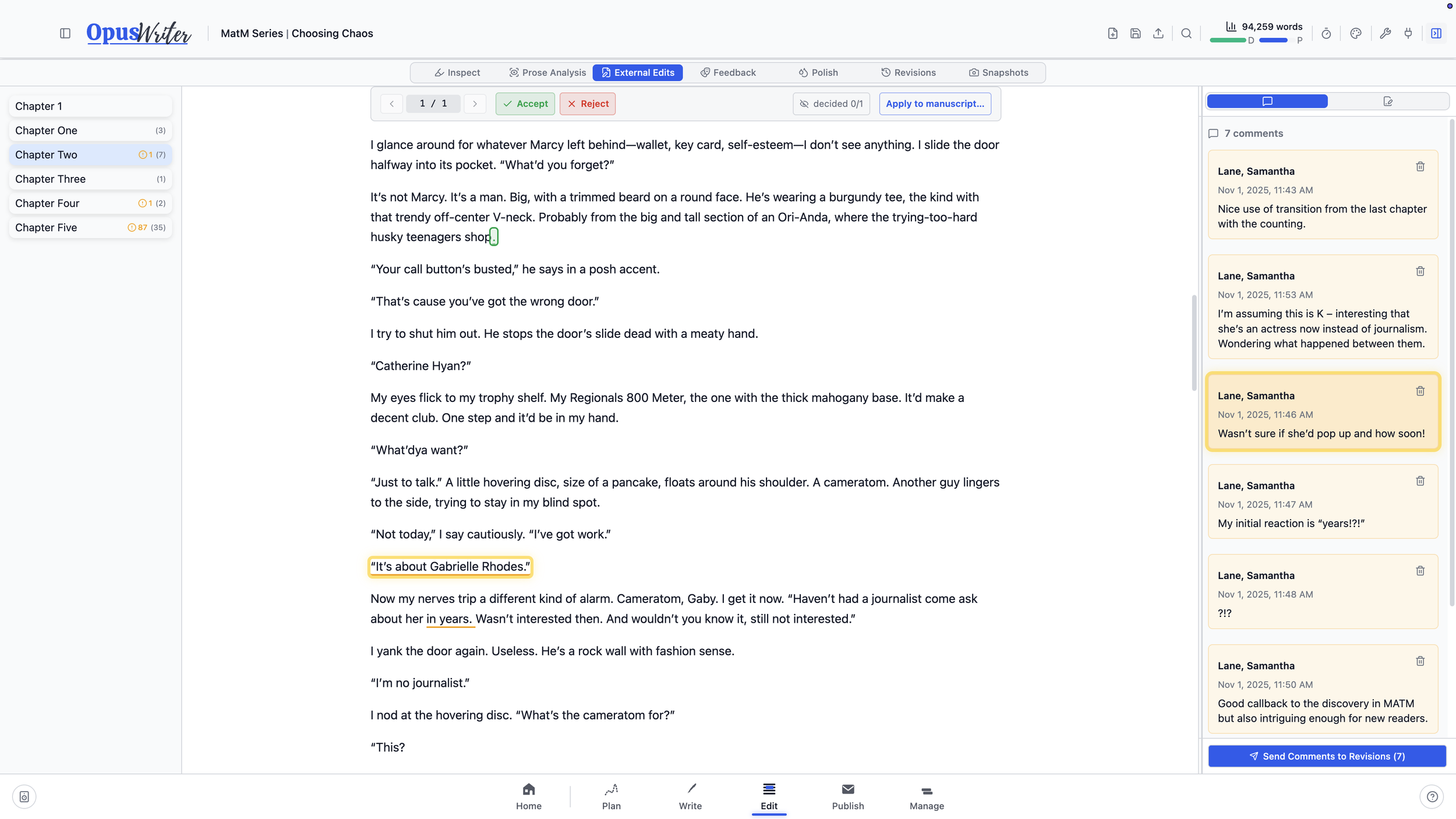 External Edits in OpusWriter showing tracked additions and deletions beside imported Word comments