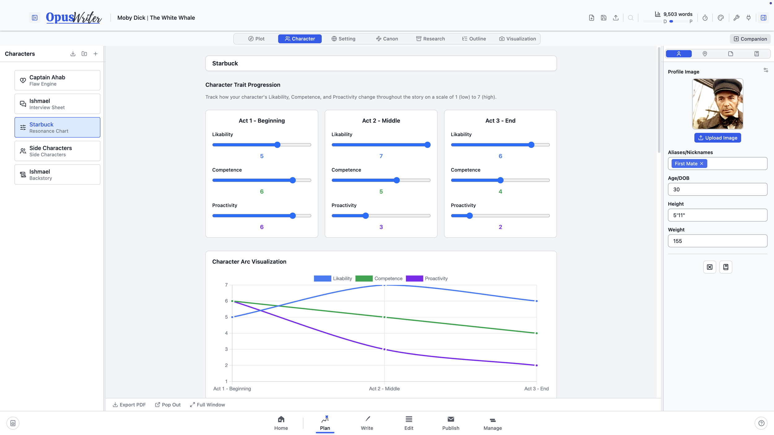 A Resonance Chart tracking likability, competence, and proactivity across three acts