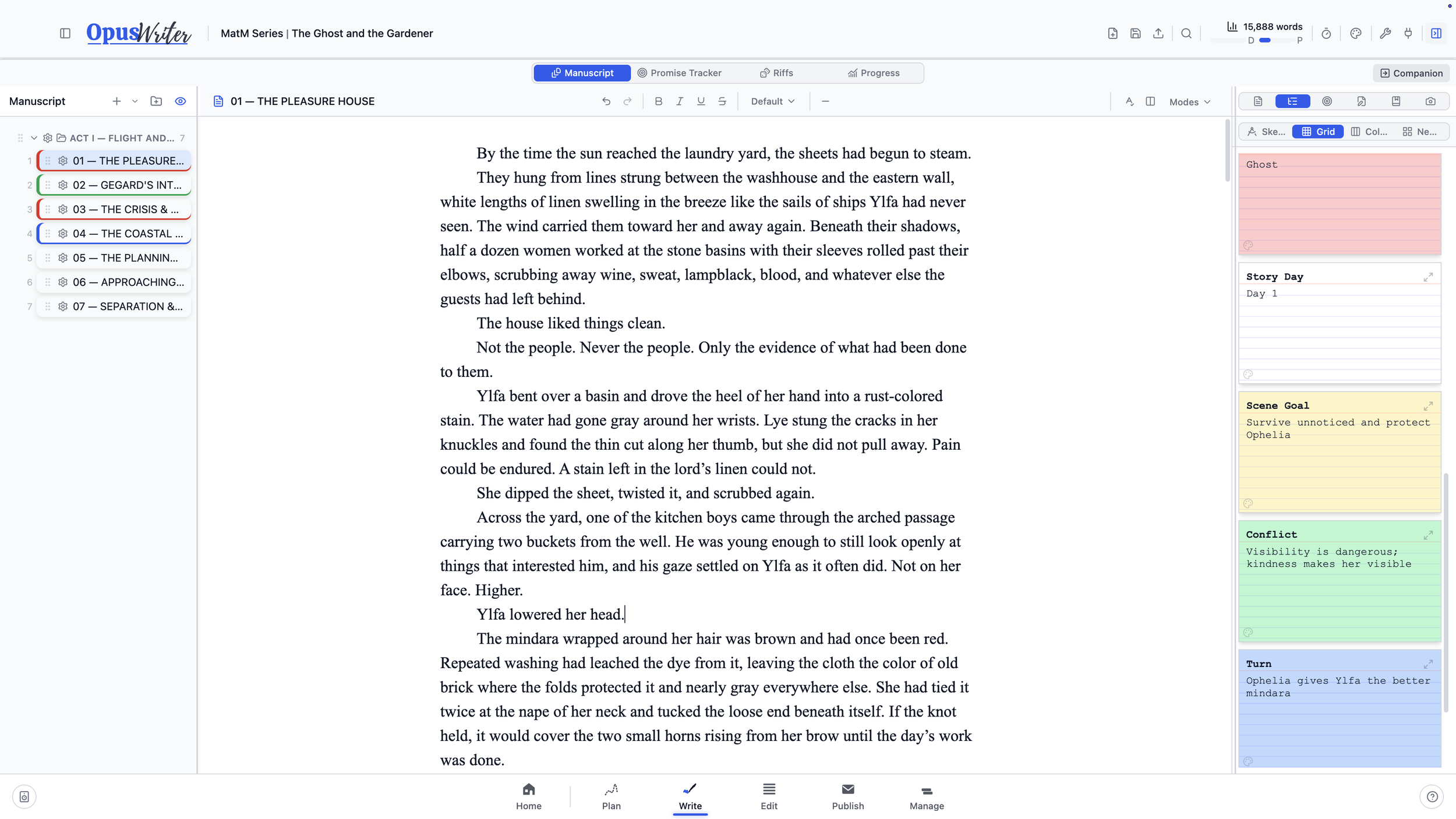 The OpusWriter manuscript editor with a live Outline open in the Sidecar