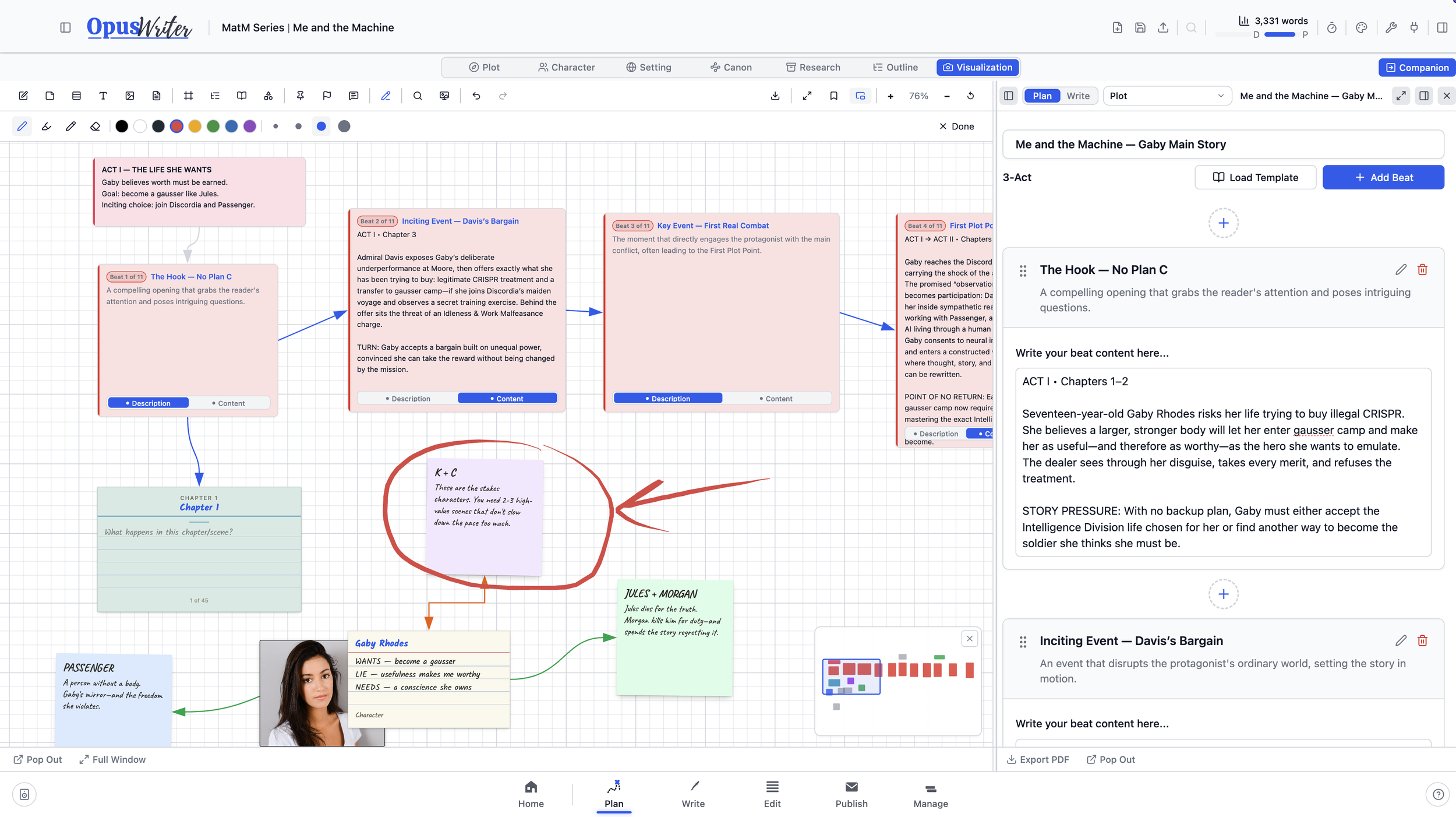 Plan workspace in OpusWriter