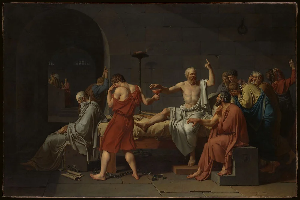 Socrates reaches for a cup of hemlock while raising one finger, surrounded by grieving companions; Plato sits at the foot of the bed.
