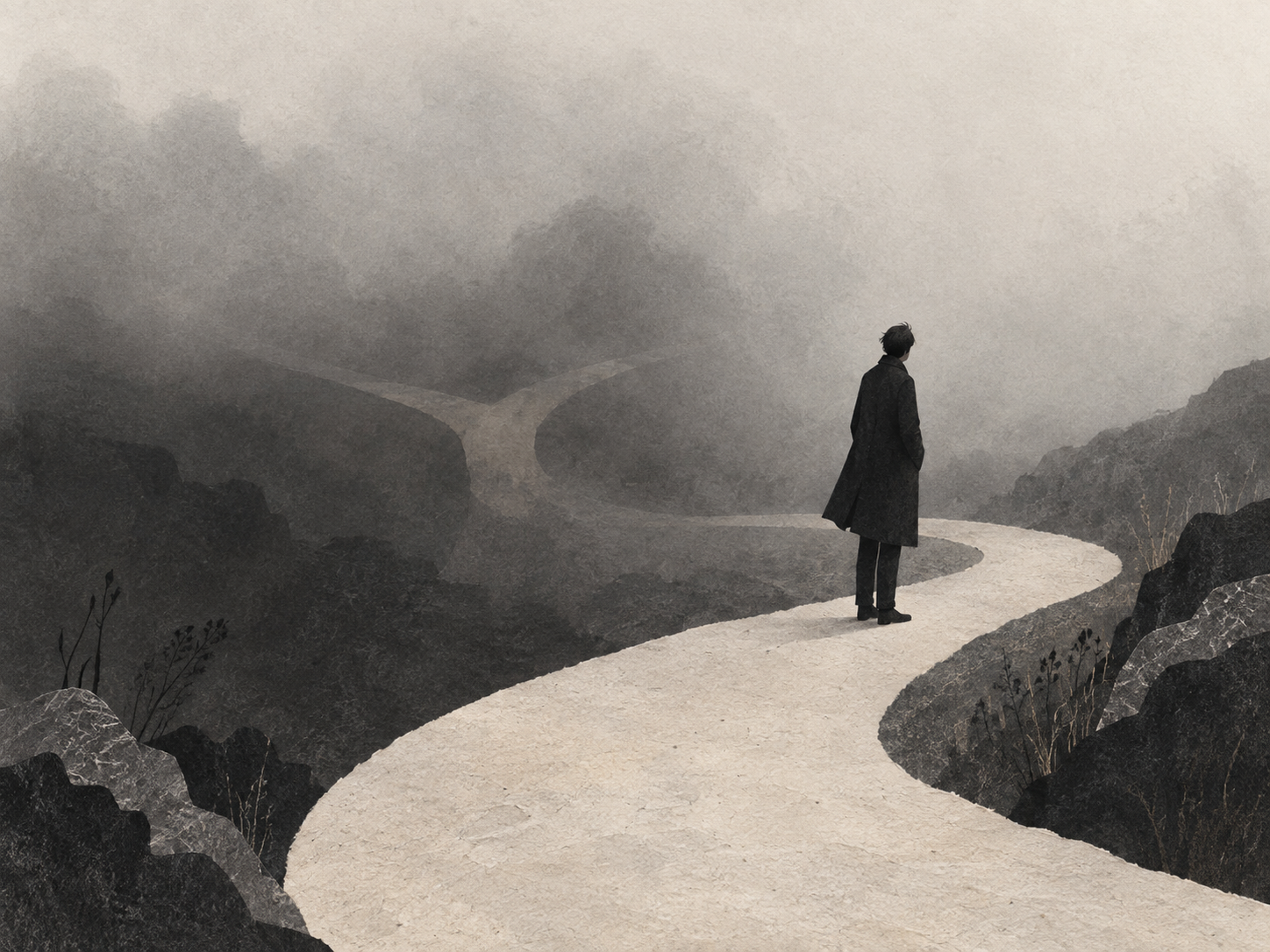 A solitary figure on a winding path, with a fork partly hidden by mist in the distance