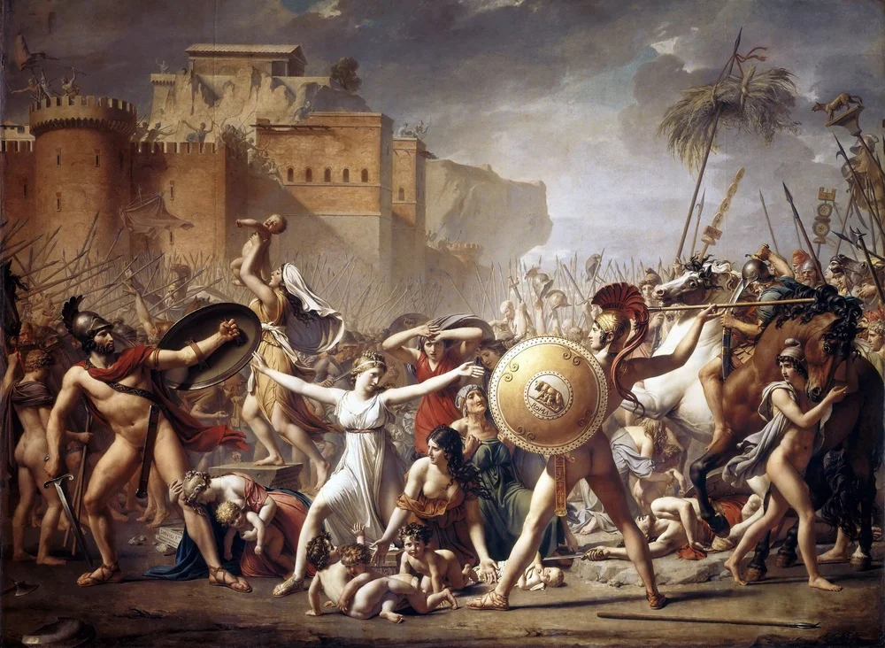 Hersilia stretches her arms between Romulus and Tatius as women and children intervene in a battle between Roman and Sabine soldiers.