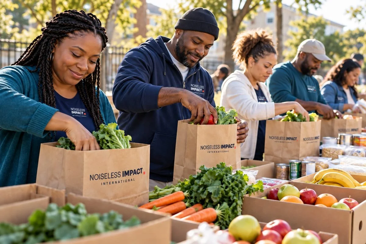 Illustrative scene of volunteers preparing fresh groceries for the community