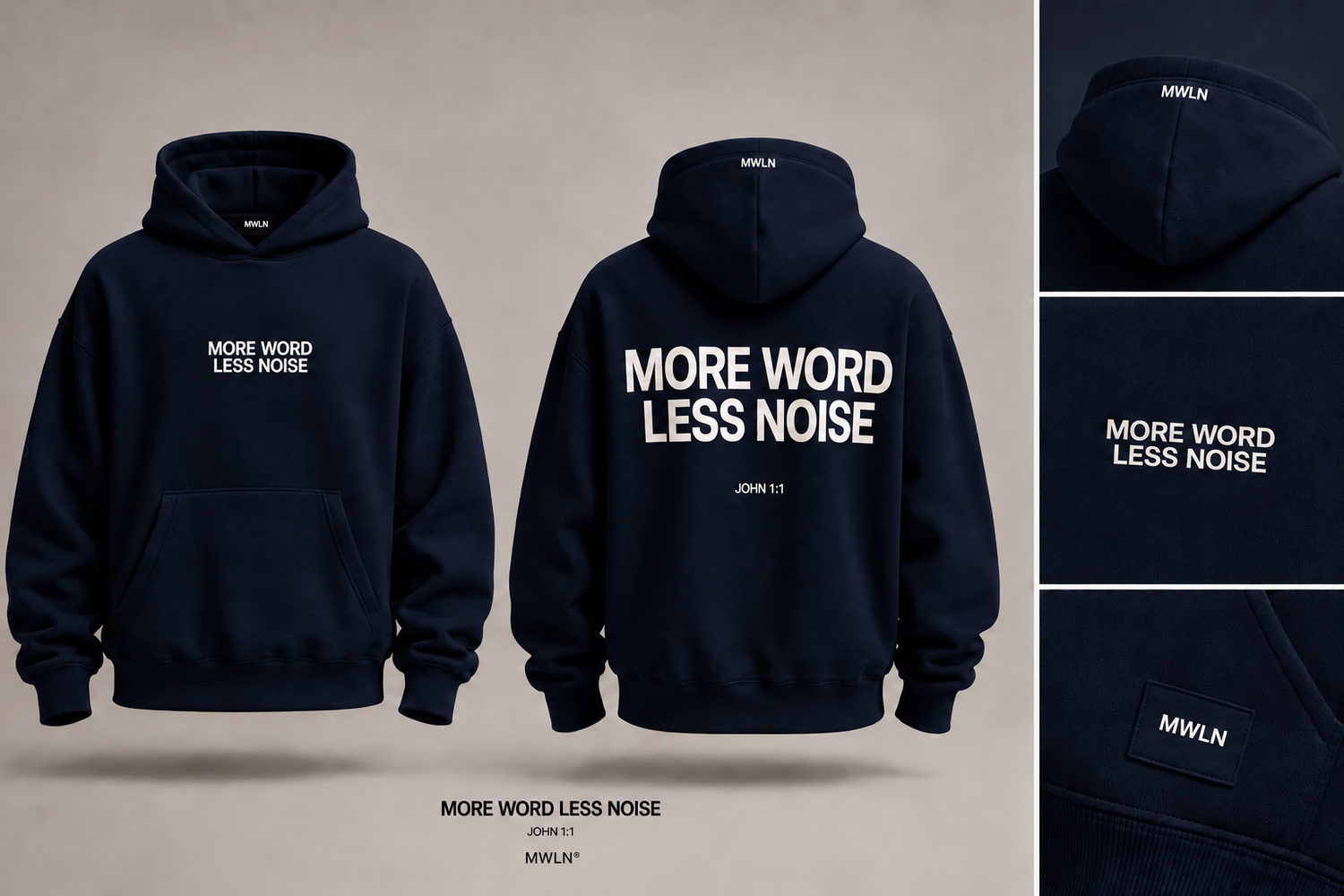 MORE WORD LESS NOISE black hoodie mockup showing front, back, and design details