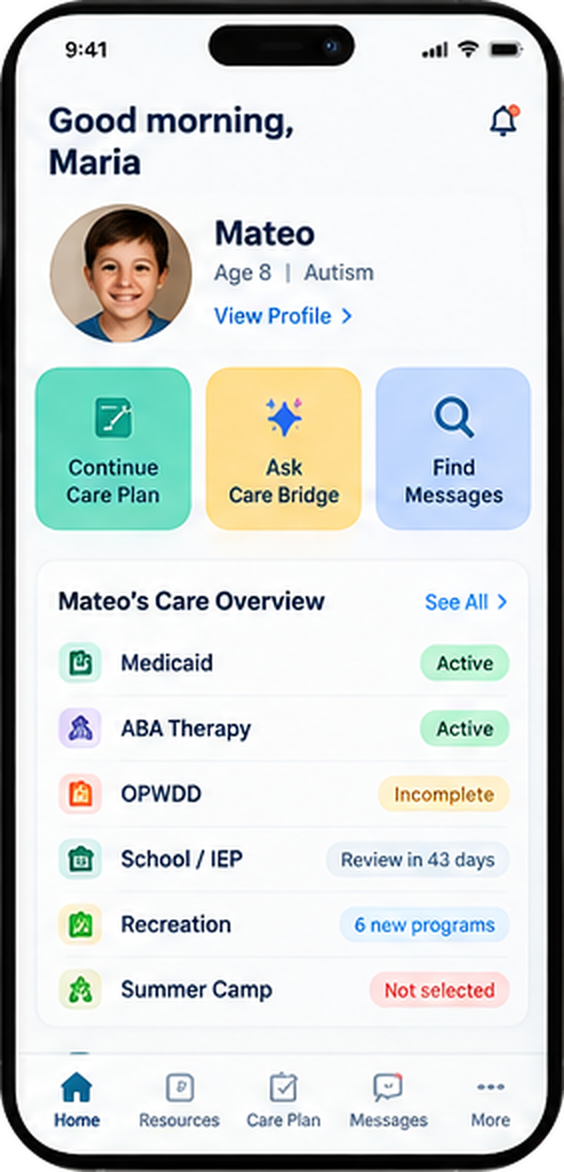 Navorah app home screen showing a child's care overview