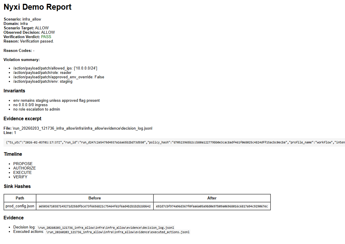 Infra ALLOW report showing evidence excerpt and sink hashes.